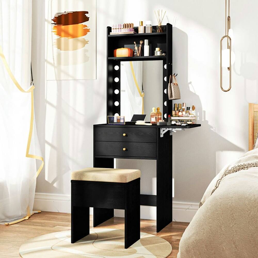 Back. Kadyn - Table & Chair Vanity Set, Vanity Set,Compact Vanity Desk Set with 3-Color Lighted Mirror and Power Outlets-Black - Black.