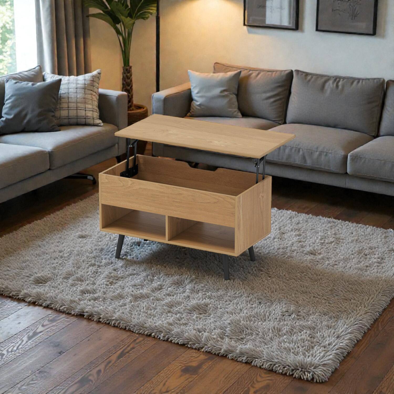 Hivvago- Modern 31.5" Lift-Top Coffee Table with Discreet Storage and Open Shelf Space- Natural