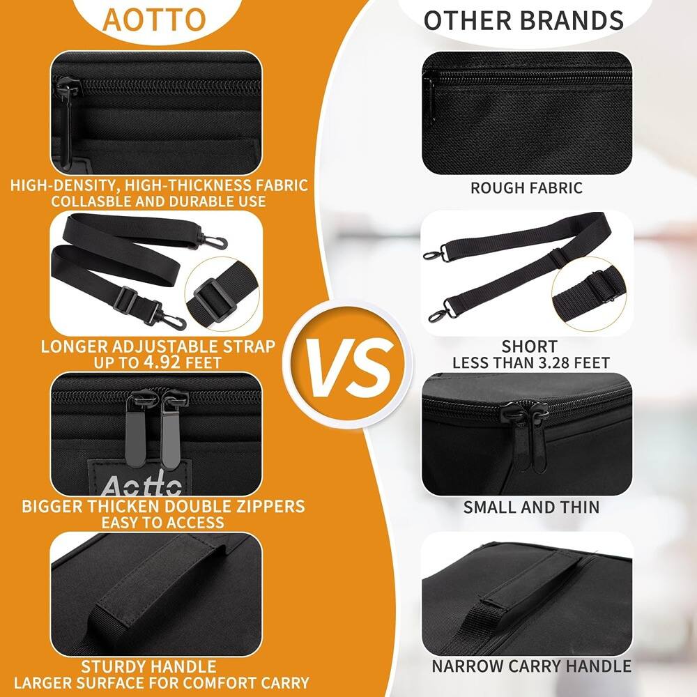 AOTTO

- HIGH-DENSITY, HIGH-THICKNESS FABRIC
  COLLAPSABLE AND DURABLE USE

- LONGER ADJUSTABLE STRAP
  UP TO 4.92 FEET

- BIGGER THICKEN DOUBLE ZIPPERS
  EASY TO ACCESS

- STURDY HANDLE
  LARGER SURFACE FOR COMFORT CARRY

OTHER BRANDS

- ROUGH FABRIC

- SHORT
  LESS THAN 3.28 FEET

- SMALL AND THIN

- NARROW CARRY HANDLE