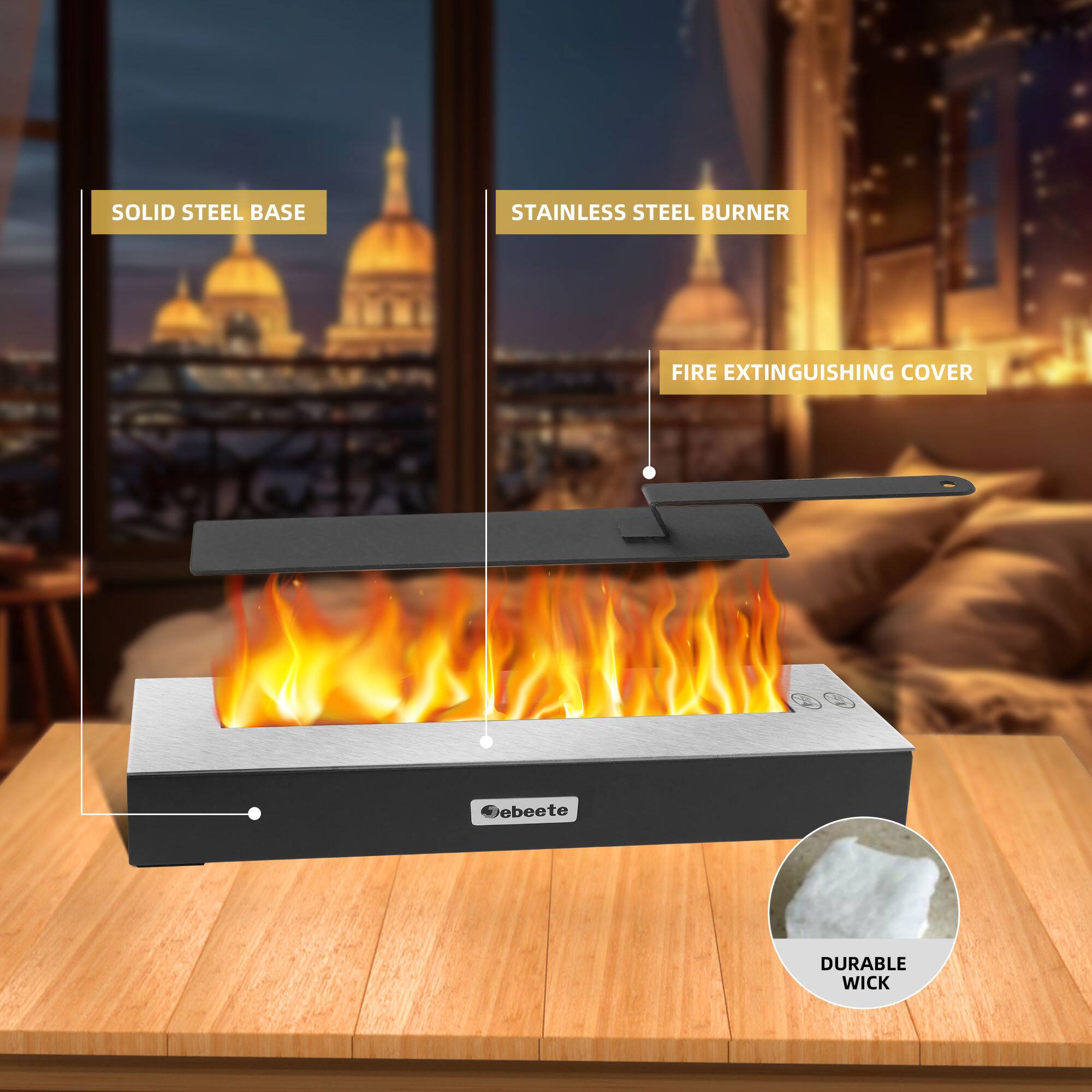 - SOLID STEEL BASE
- STAINLESS STEEL BURNER
- FIRE EXTINGUISHING COVER
- DURABLE WICK