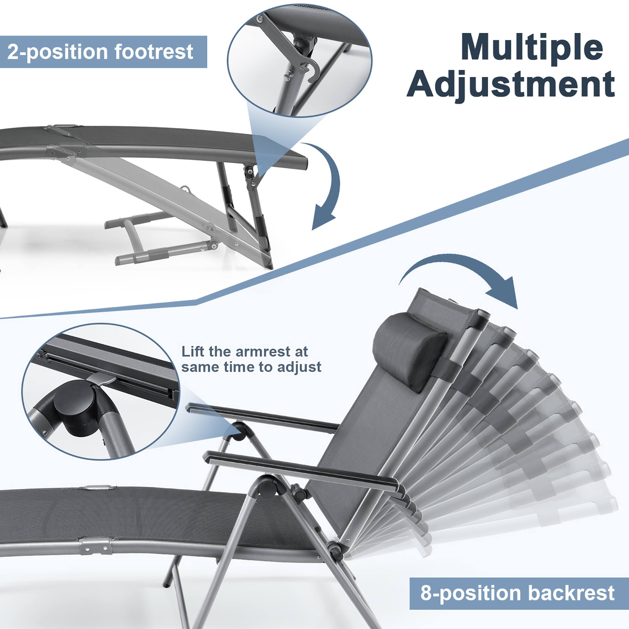 Multiple Adjustment, 2-position footrest, Lift the armrest at same time to adjust, 8-position backrest