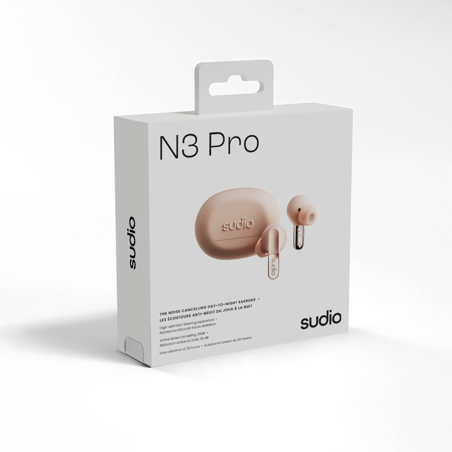 N3 Pro  
sudio  
EARBUDS  
DAT-TO-NIGHT  
NOISE CANCELLING  
JOUR THE ANTI-BRUIT  
LES ECOUTEURS  
Eutening experience  
High-quality sound  
Noise Cancelling 35dB  
Active Noise Cancellation  
Up to 30 hours of battery life  
Autonomie de 30 heures  

sudio  
N3 Pro  
NOISE CANCELLING DAY-TO-NIGHT EARBUDS  
LES ECOUTEURS ANTI-BRUIT DU JOUR À LA NUIT