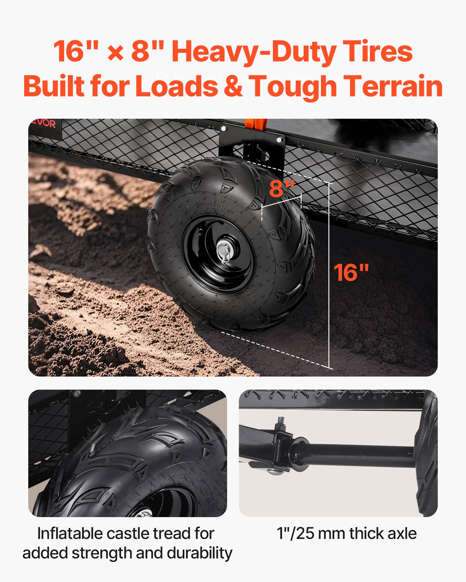 16" x 8" Heavy-Duty Tires  
Built for Loads & Tough Terrain  

Inflatable castle tread for added strength and durability  

1" / 25 mm thick axle