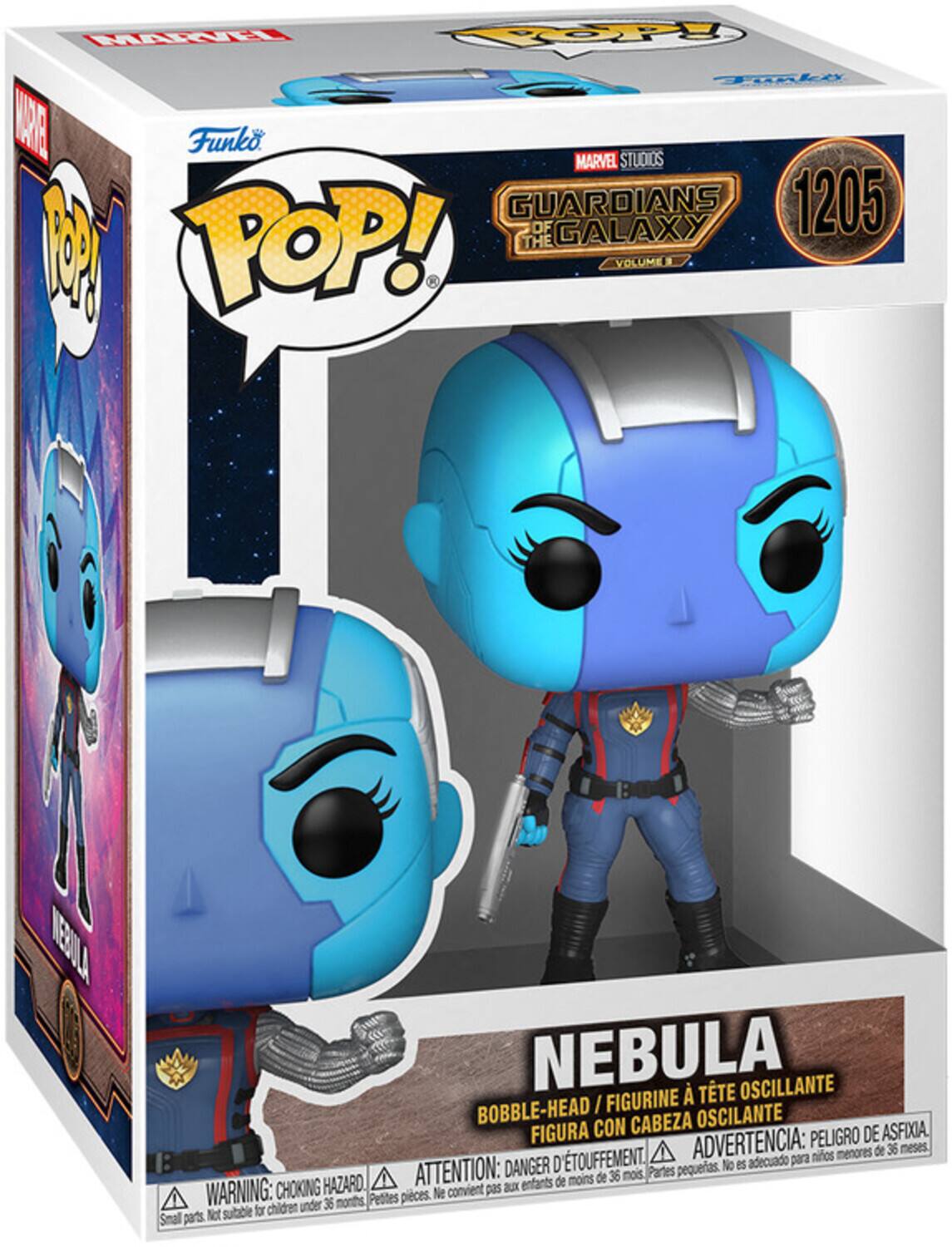 MARVEL STUDIOS GUARDIANS OF GALAXY POP! THE VOLUME 1205 NEBULA BOBBLE-HEAD / FIGURINE À TÊTE OSCILANTE FIGURA CON CABEZA OSCILANTE PELIGRO DE ASFIXIA. DANGER D'ÉTOUFFEMENT. ADVERTENCIA: ninos menores de 36 meses No es adecuado para ATTENTION: de 36 mois Partes pequeñas. WARNING: CHOKING HAZARD. enfants de moins de 36 mois Petites pièces. Not suitable for children under 36 months. Small parts.