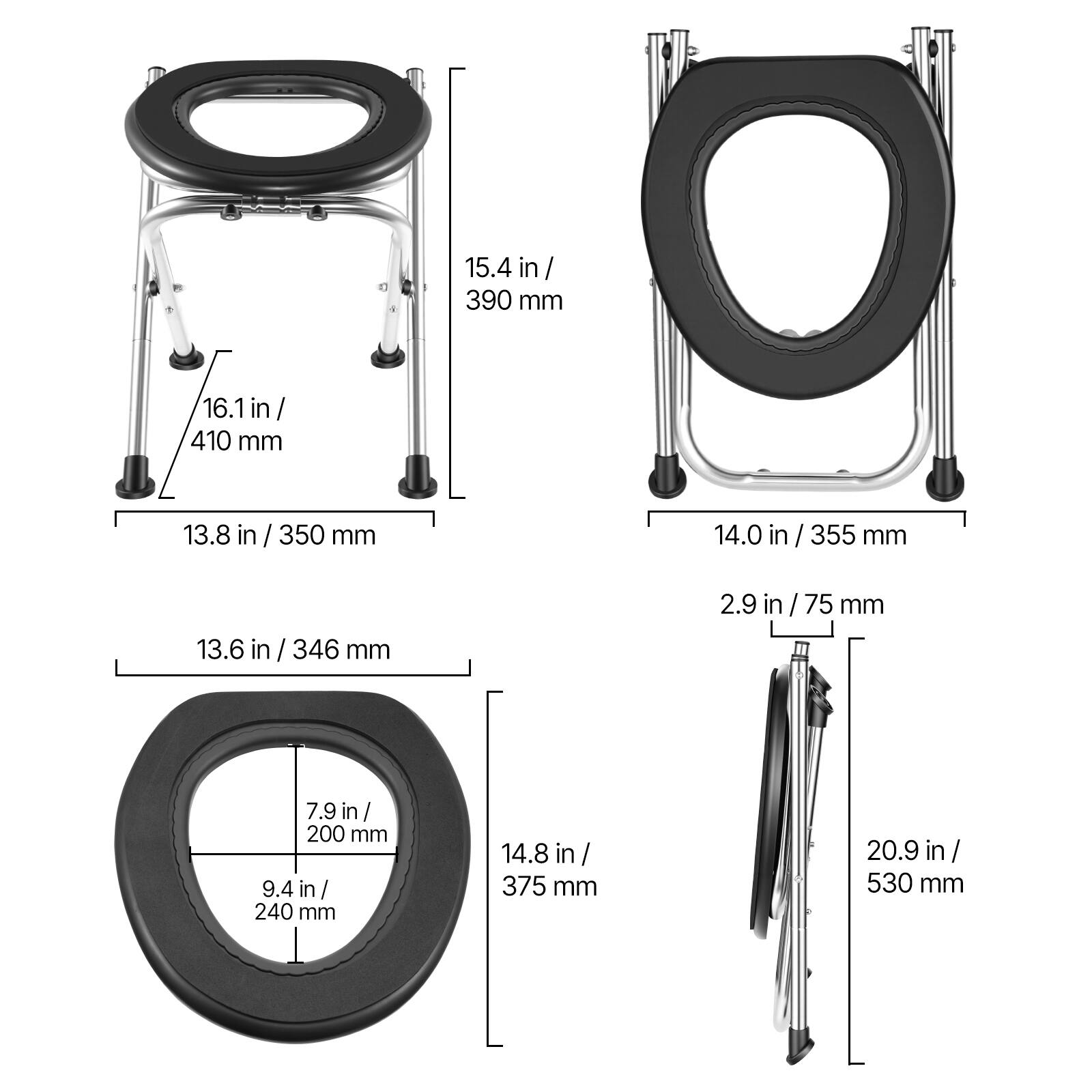 15.4 in / 390 mm  
16.1 in / 410 mm  
13.8 in / 350 mm  
14.0 in / 355 mm  
13.6 in / 346 mm  
2.9 in / 75 mm  
7.9 in / 200 mm  
9.4 in / 240 mm  
14.8 in / 375 mm  
20.9 in / 530 mm