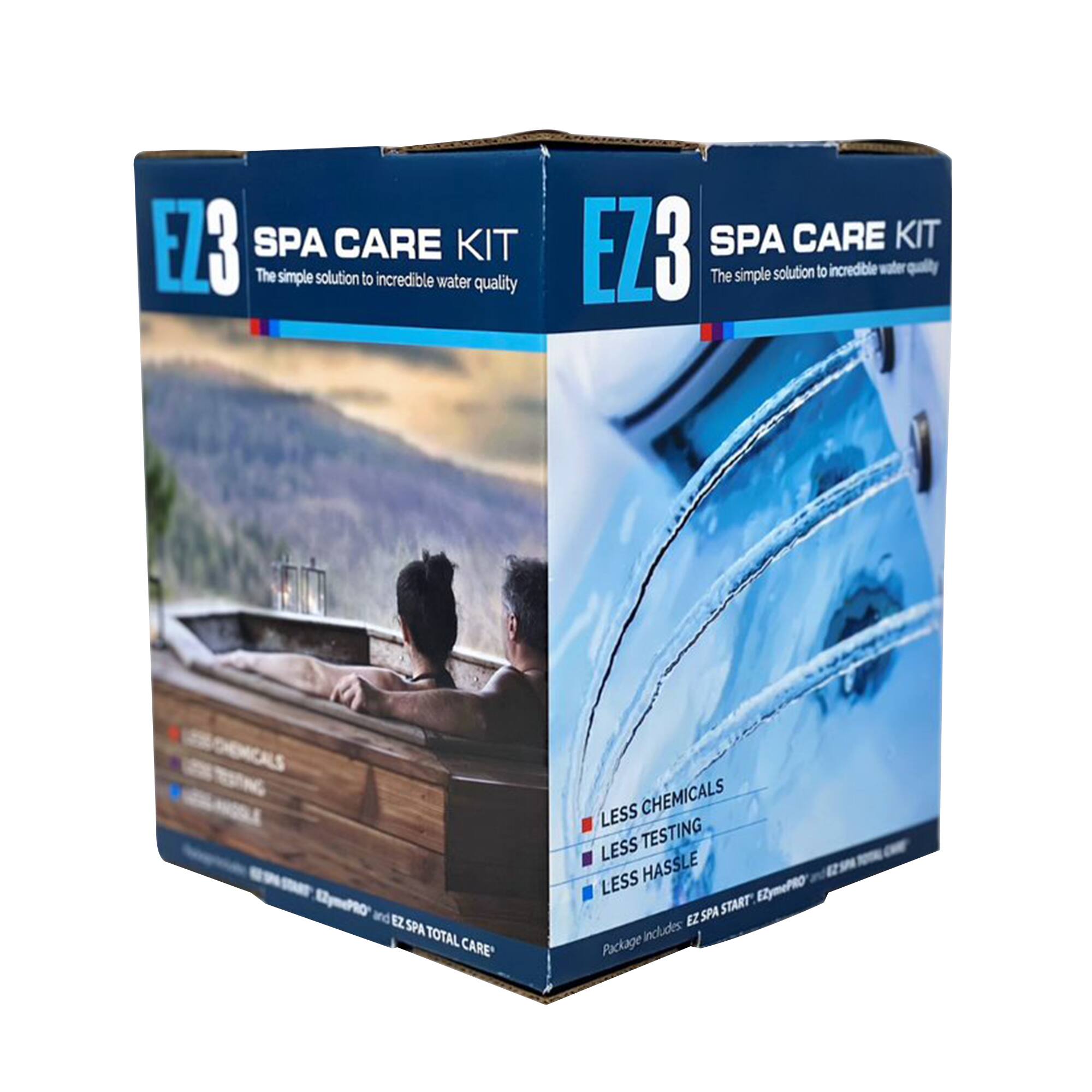 EZ3 SPA CARE KIT  
The simple solution to incredible water quality  

LESS CHEMICALS  
LESS TESTING  
LESS HASSLE  

Package includes: EZ SPA START, EZymPRO, and EZ SPA TOTAL CARE
