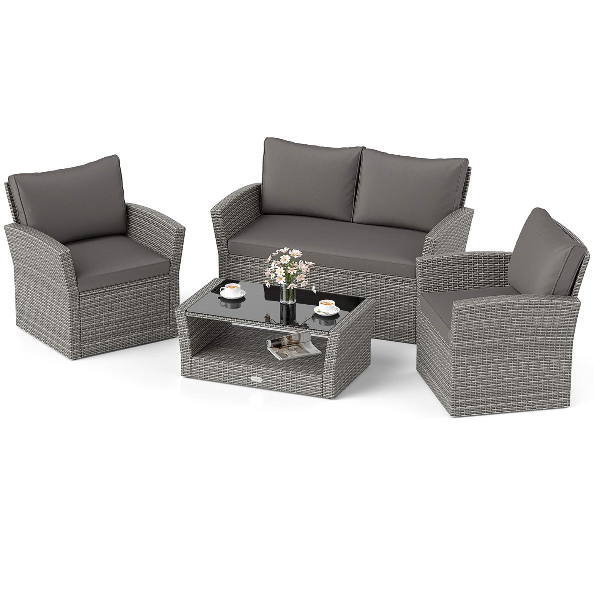 Gymax - Set Of 4 Patio Furniture Set w/ 2 Rattan Chairs Loveseat Coffee Table Cushions - Mix Gray