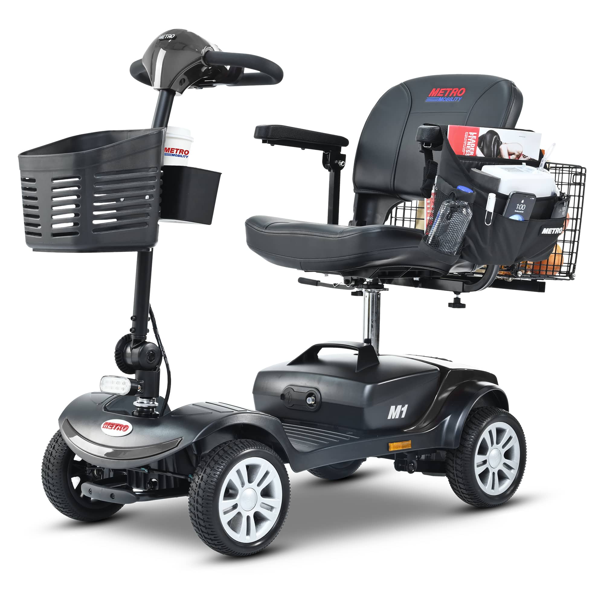Loheer - 4 Wheel Compact Travel Mobility Scooter for Adults, 300W Motor, 10 Mile Range, Gloss - Black