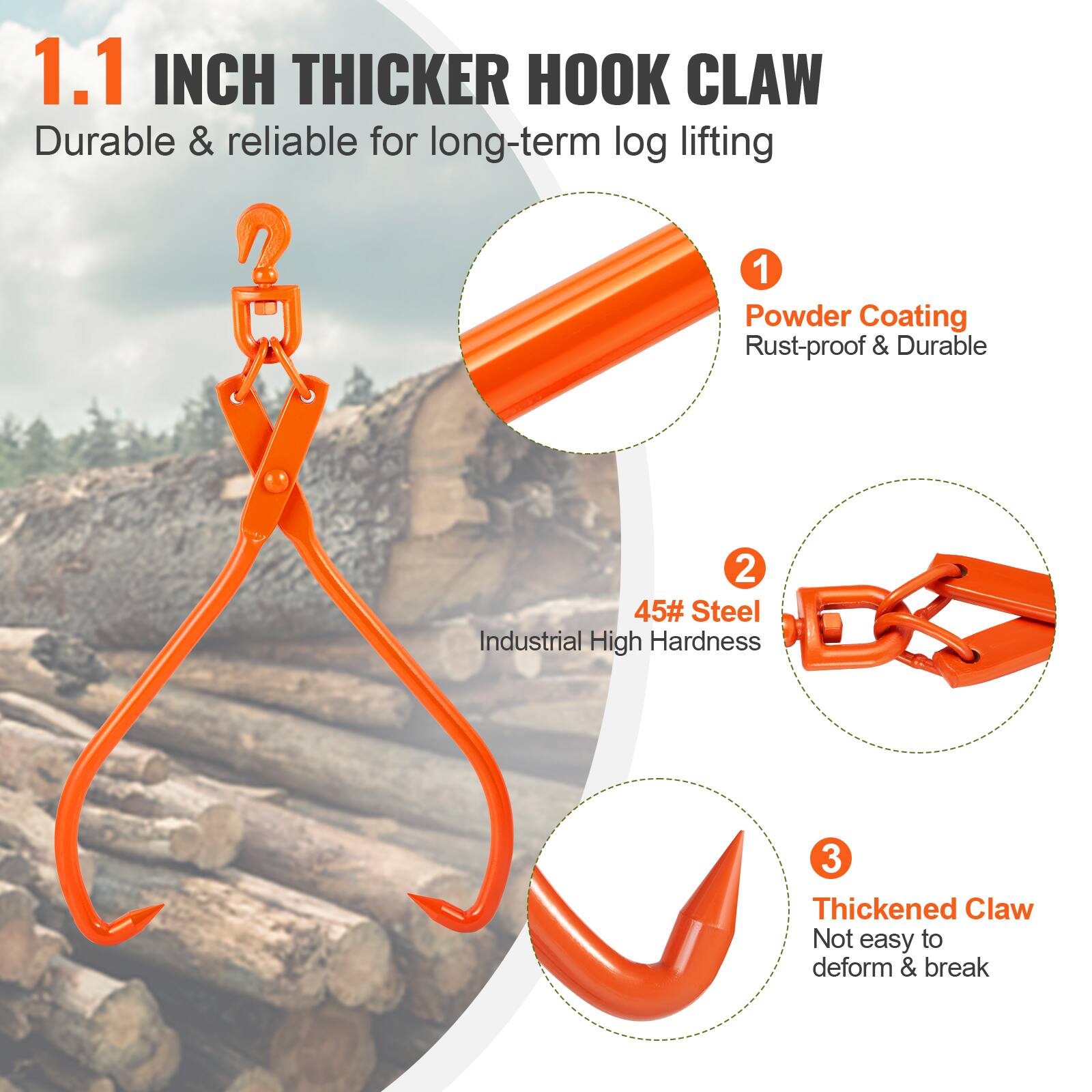 1.1 INCH THICKER HOOK CLAW  
Durable & reliable for long-term log lifting  

1. Powder Coating  
Rust-proof & Durable  

2. 45# Steel  
Industrial High Hardness  

3. Thickened Claw  
Not easy to deform & break