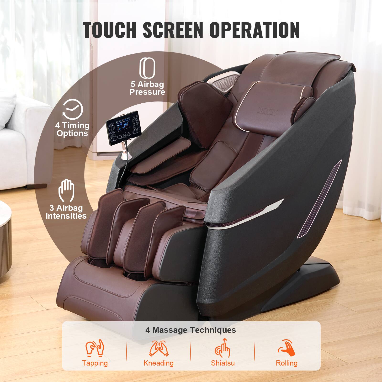 TOUCH SCREEN OPERATION

5 Airbag Pressure

4 Timing Options

3 Airbag Intensities

4 Massage Techniques

Tapping

Kneading

Shiatsu

Rolling