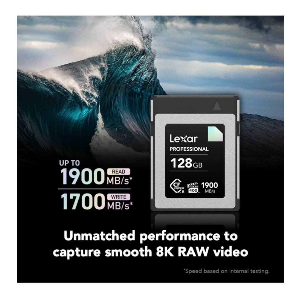 UP TO 1900 MB/s* READ 1700 MB/s* WRITE Lexar PROFESSIONAL 128GB CF 1900 express 400 MB/s Unmatched performance to capture smooth 8K RAW video "Speed based on internal testing.