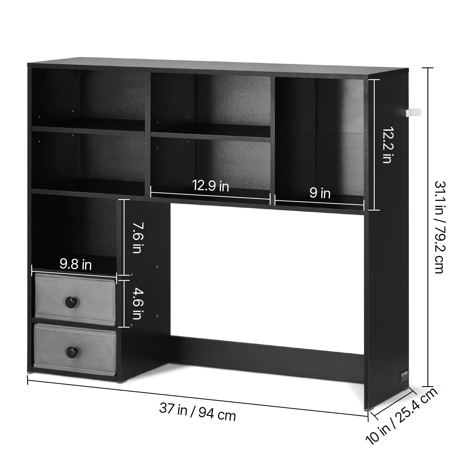 - 37 in / 94 cm
- 10 in / 25.4 cm
- 31.1 in / 79.2 cm
- 12.2 in
- 12.9 in
- 9 in
- 7.6 in
- 9.8 in
- 4.6 in