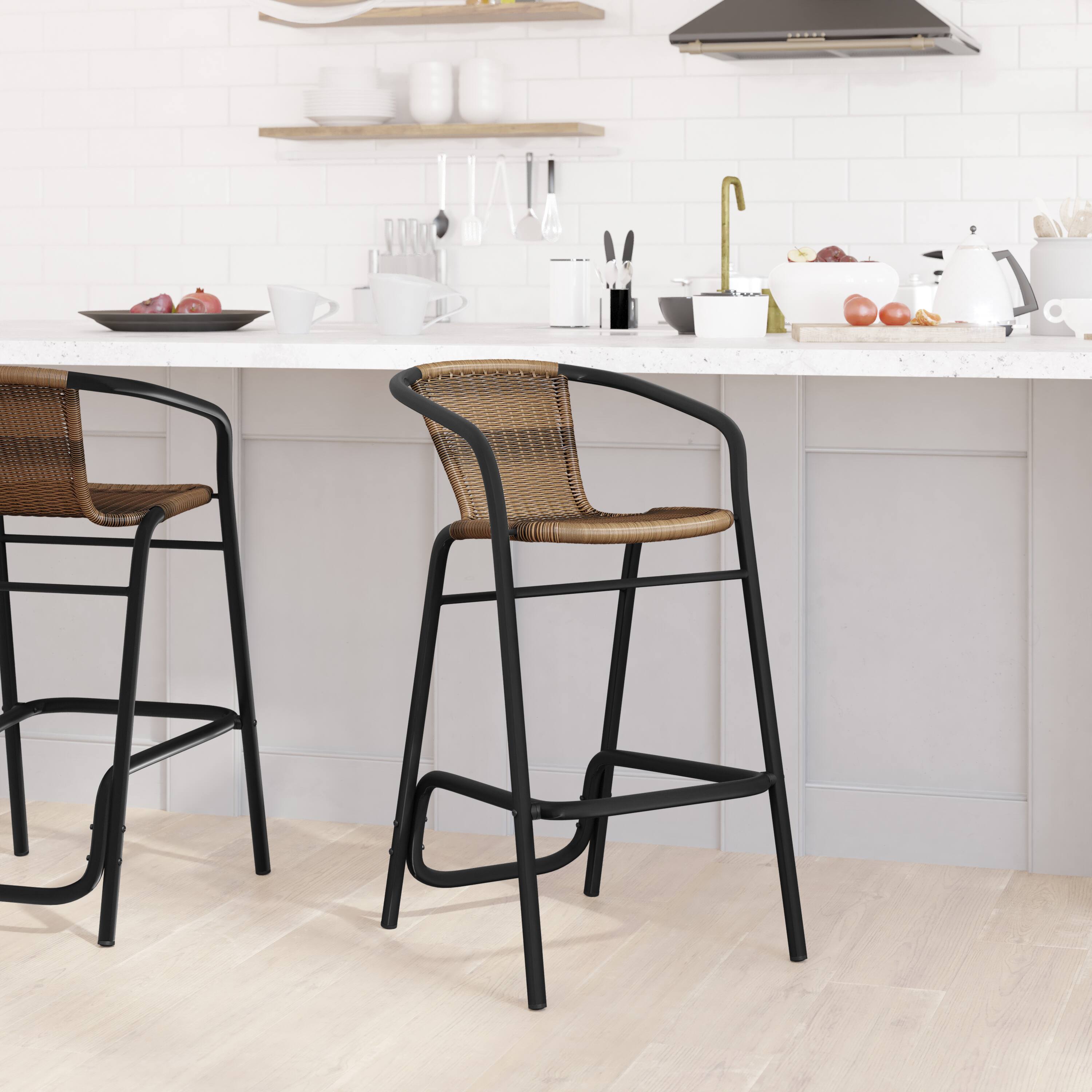Alt View 3. Emma + Oliver - Soie Indoor/Outdoor Stacking Thonet Bistro Style Chair with Arms, PE Rattan Seat and Bamboo Finished Metal Frame - Navy & White/Natural Frame.