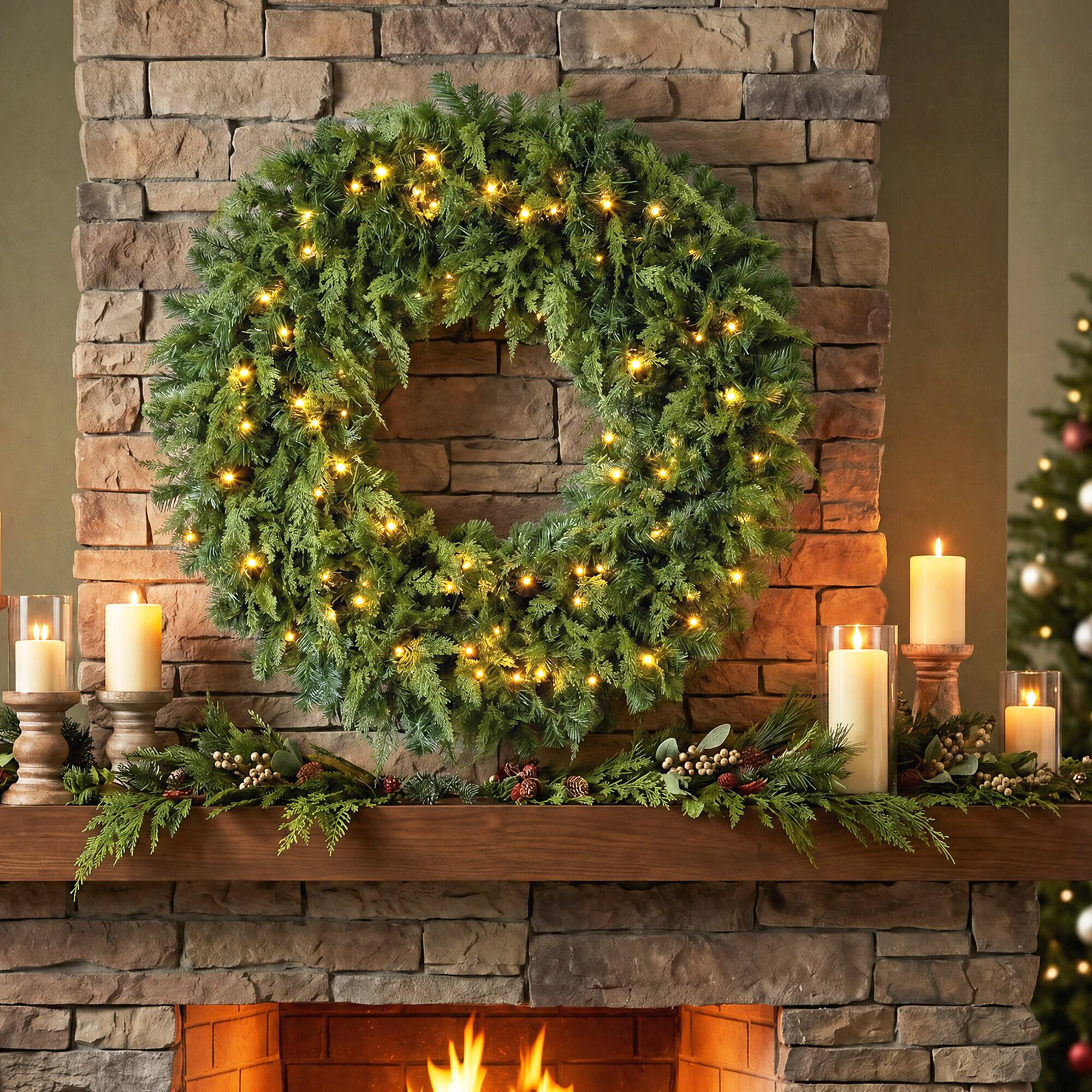 Alt View 7. Homcom - Prelit Crestwood Spruce Artificial Christmas Wreath, Christmas Decor with Bow, LEDs, 8 Modes - Green.
