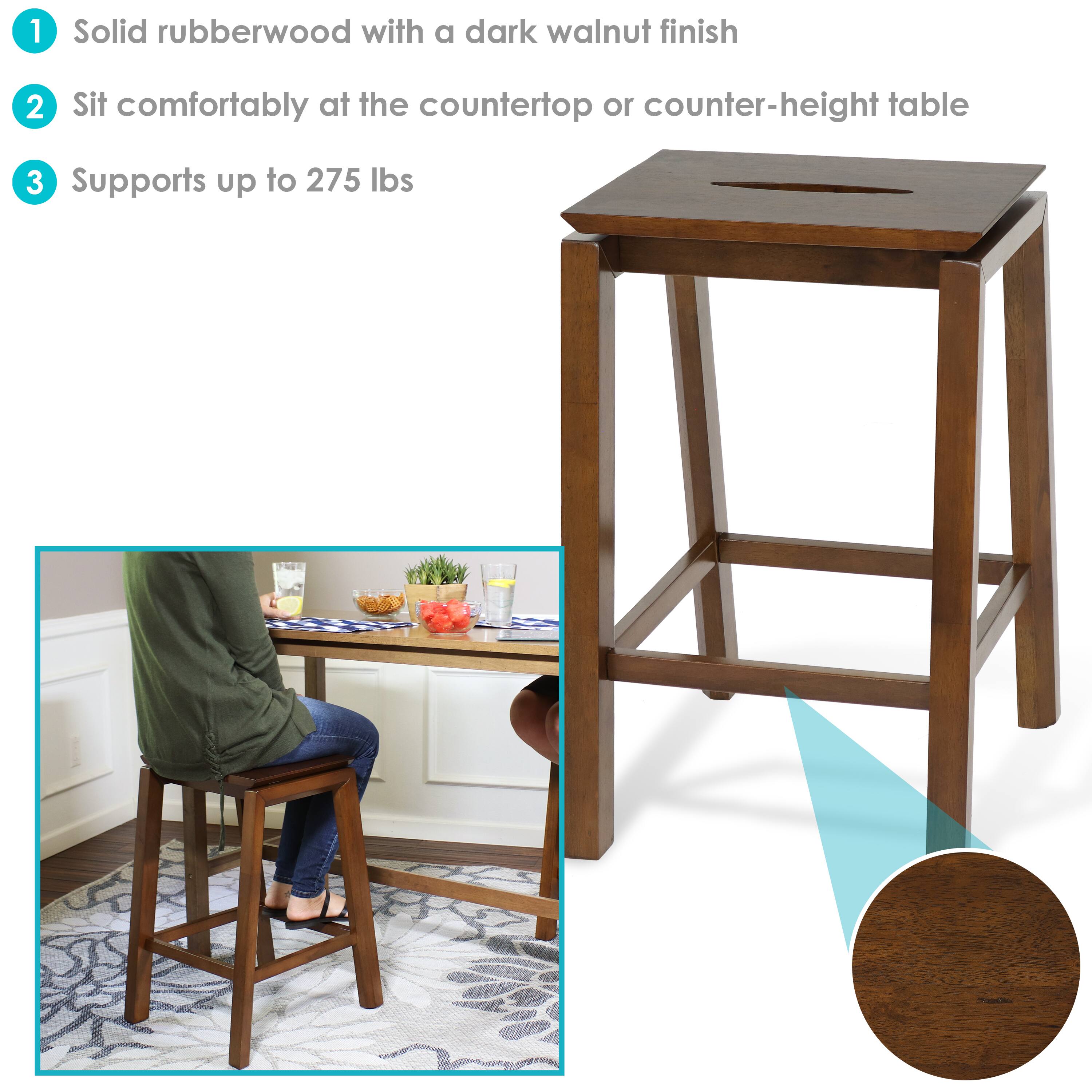 1. Solid rubberwood with a dark walnut finish  
2. Sit comfortably at the countertop or counter-height table  
3. Supports up to 275 lbs