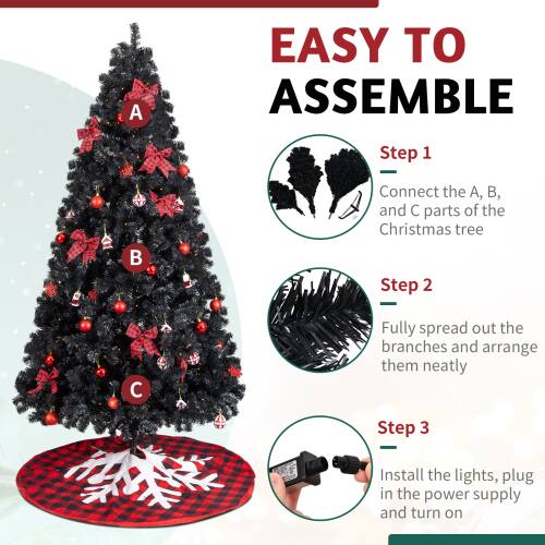 EASY TO ASSEMBLE

Step 1  
Connect the A, B, and C parts of the Christmas tree

Step 2  
Fully spread out the branches and arrange them neatly

Step 3  
Install the lights, plug in the power supply and turn on