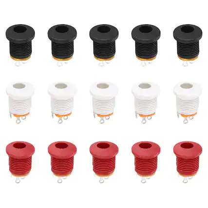 Front. Unique Bargains - 15pcs DC5521 5.5x2.1mm 30V 0.5A 3Pin Female Jack with Dust Plug for Guitar/Car Audio/Power Supply - Black, Red, White.