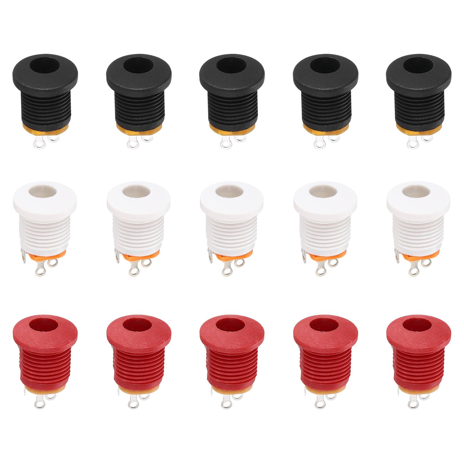 Front. Unique Bargains - 15pcs DC5521 5.5x2.1mm 30V 0.5A 3Pin Female Jack with Dust Plug for Guitar/Car Audio/Power Supply - Black, Red, White.