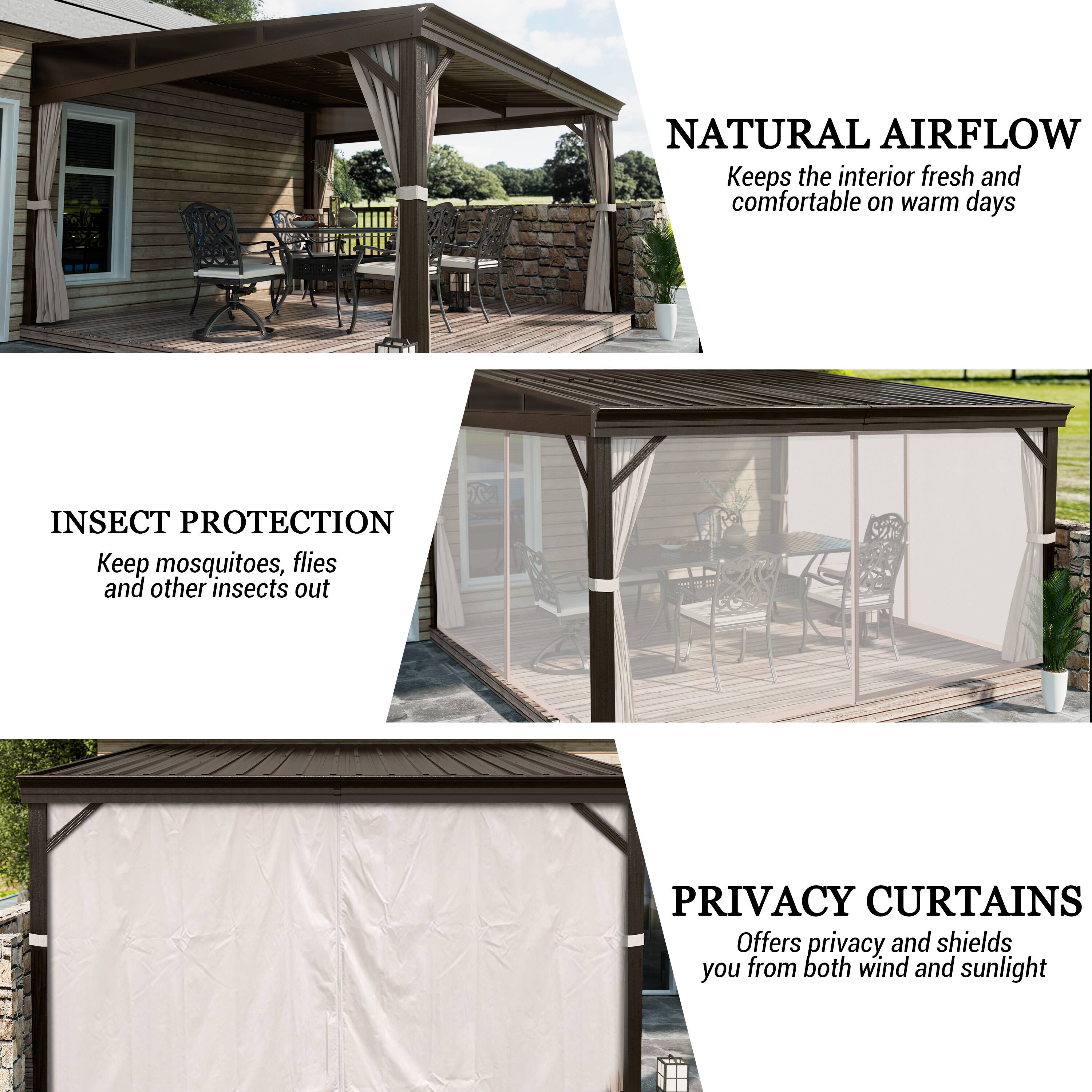NATURAL AIRFLOW  
Keeps the interior fresh and comfortable on warm days

INSECT PROTECTION  
Keep mosquitoes, flies and other insects out

PRIVACY CURTAINS  
Offers privacy and shields you from both wind and sunlight
