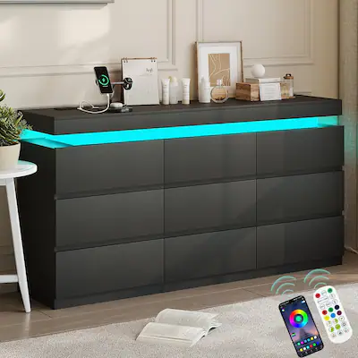 Vipbear - modern 9-drawer dressing table - with storage cabinet and LED light, wide drawer cabinet and charging station - Black Vipbear - modern 9-drawer dressing table - with storage cabinet and LED light, wide drawer cabinet and charging station - Black