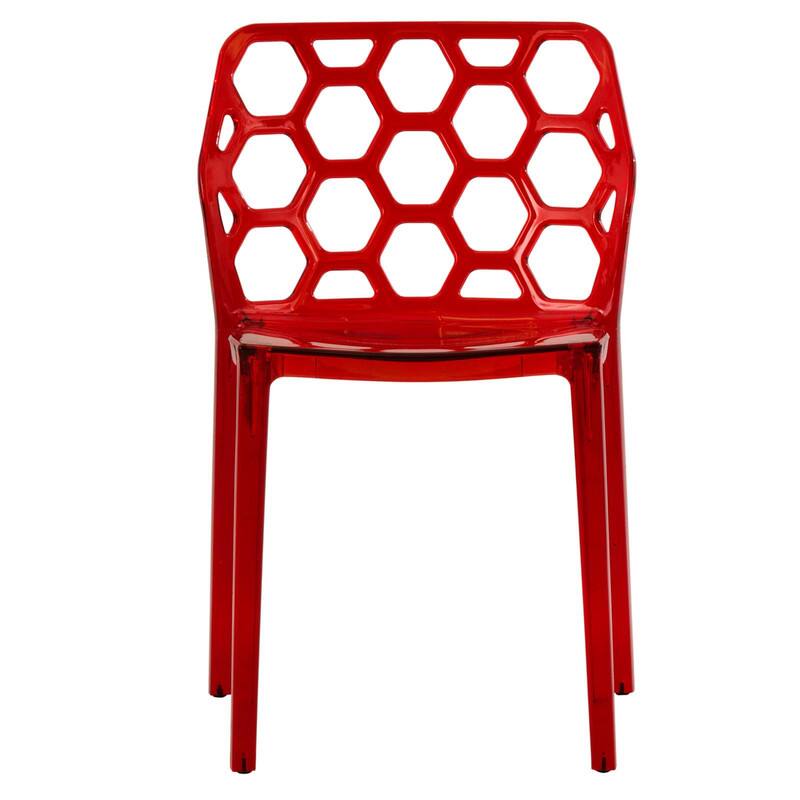 Left. LeisureMod - Dynamic 4-Pieces Clear Acrylic Dining Chair with Honeycomb Pattern, Stackable & Fully Assembled - Transparent Red.
