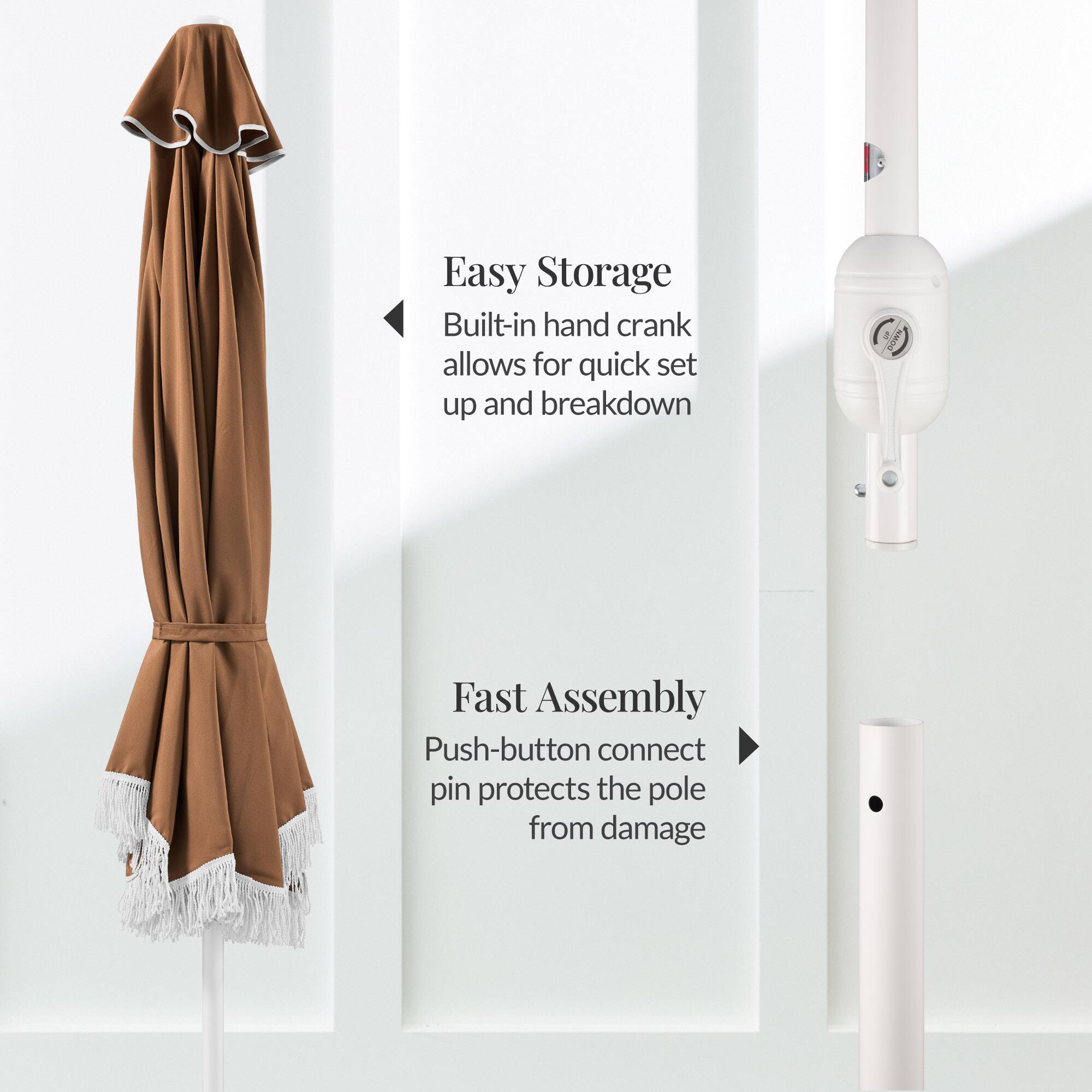 Easy Storage  
Built-in hand crank allows for quick set up and breakdown  

Fast Assembly  
Push-button connect pin protects the pole from damage