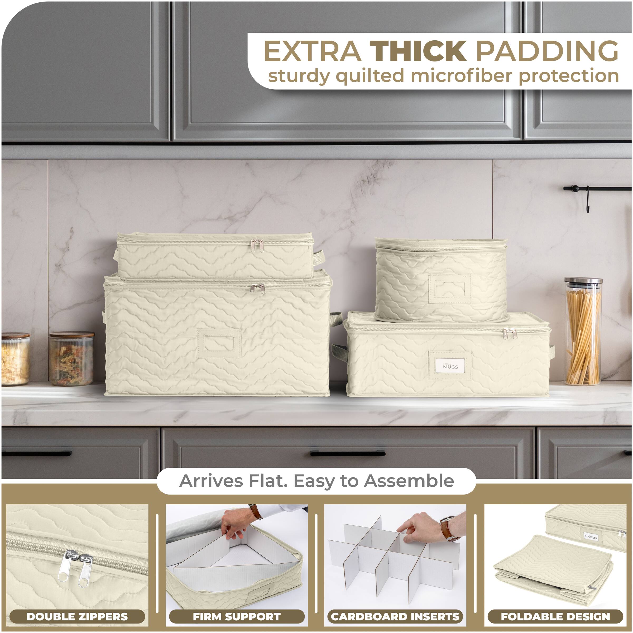 - EXTRA THICK PADDING
  - sturdy quilted microfiber protection

- Arrives Flat. Easy to Assemble
  - DOUBLE ZIPPERS
  - FIRM SUPPORT
  - CARDBOARD INSERTS
  - FOLDABLE DESIGN