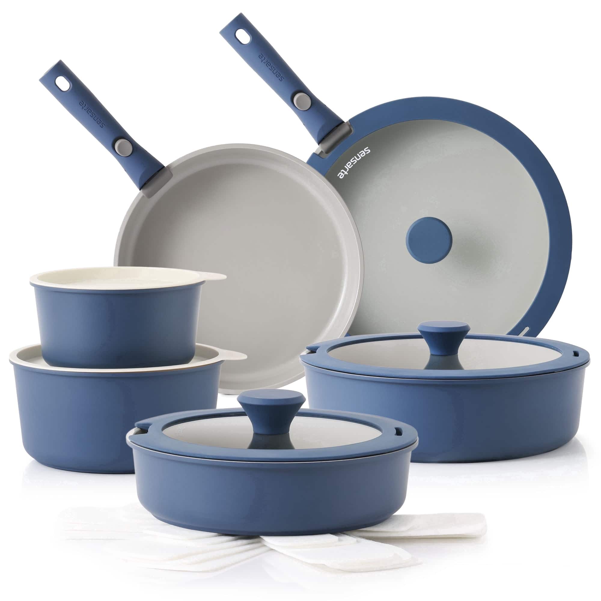 SENSARTE - 18Pcs Nonstick Pots and Pans Set with Detachable Handle, Induction Compatible, Stackable, Dishwasher/Oven Safe - Navy