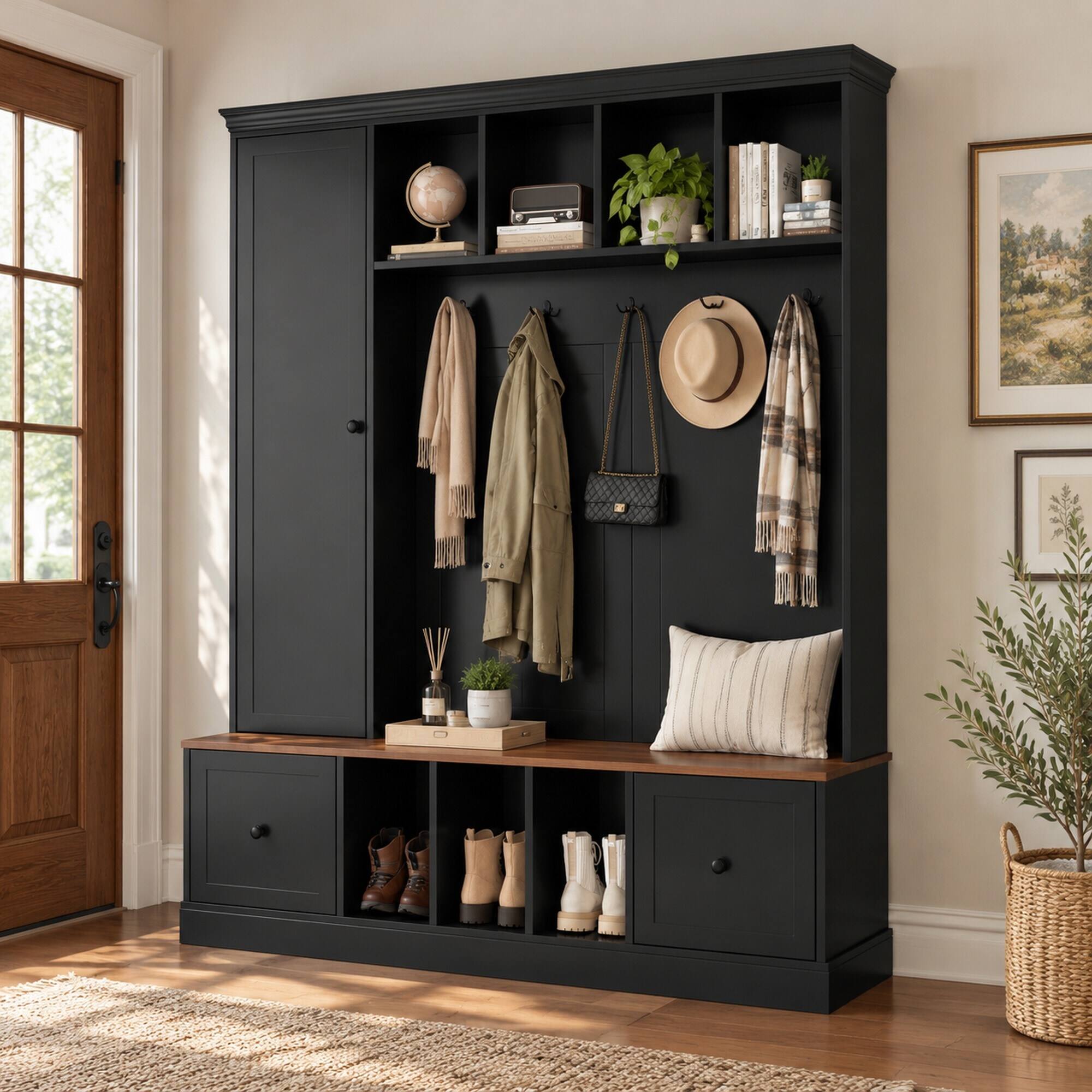 RYHNUYNE VIBE HAUS 62.2 in Farmhouse Hall Tree, Coat Rack and Shoe ...