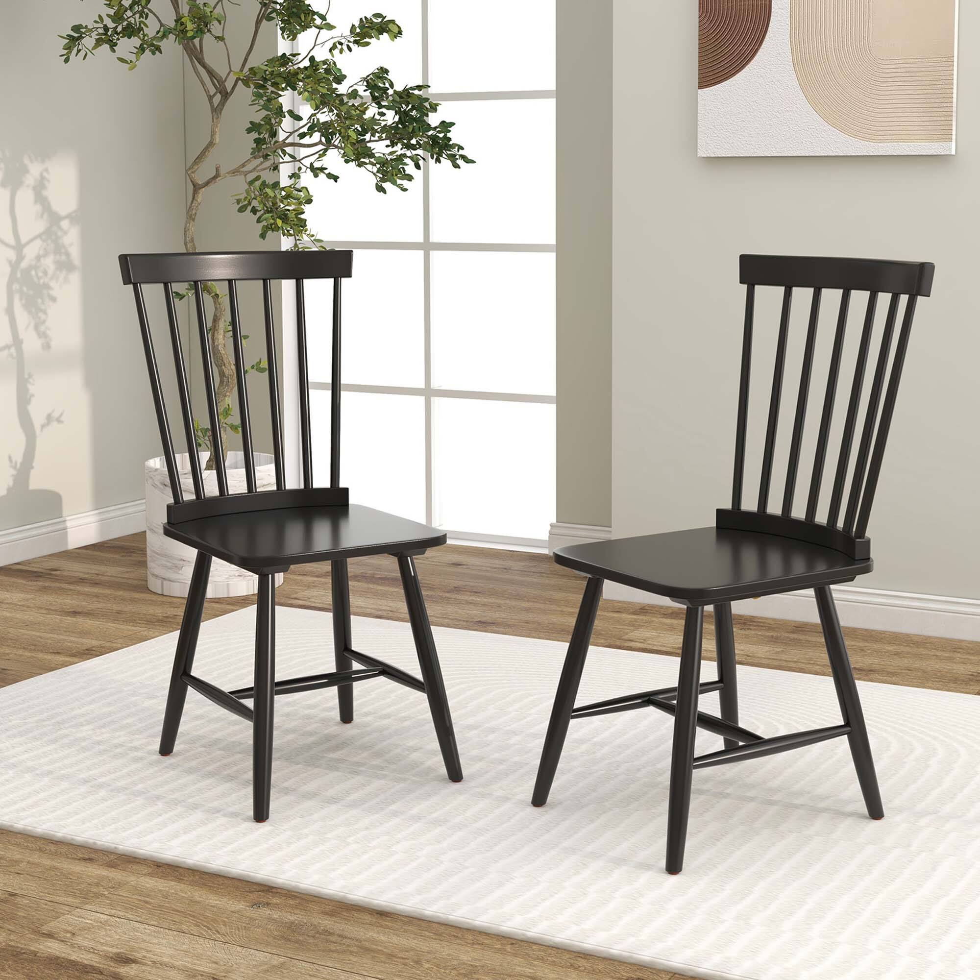 Alt View 3. Costway - Costway Windsor Dining Chairs Set of 2 Armless Spindle Back Solid Rubber Wood - Black.