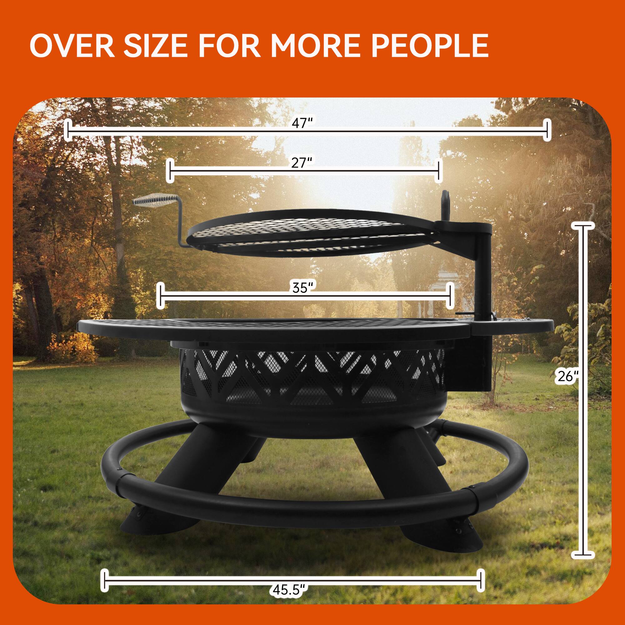 The text on the image reads "Over Size for More People 47" 27" 35" 26" 45.5".