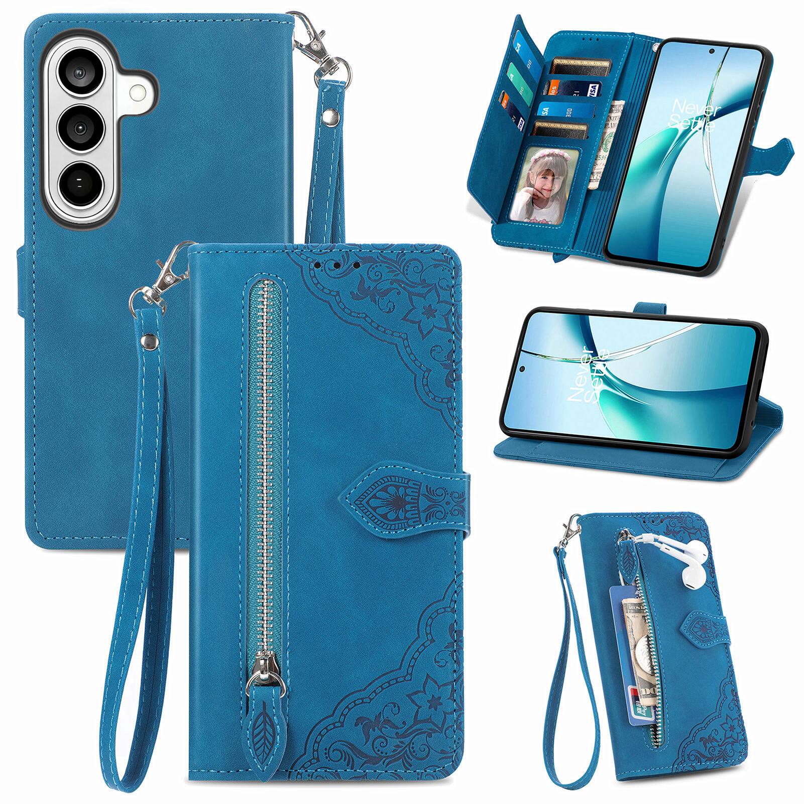 Dteck - for Samsung Galaxy S26 Slim Wallet Case,Folio Shockproof PU Leather Card Holder Cover with Zipper Pocket & Wrist Strap - Blue