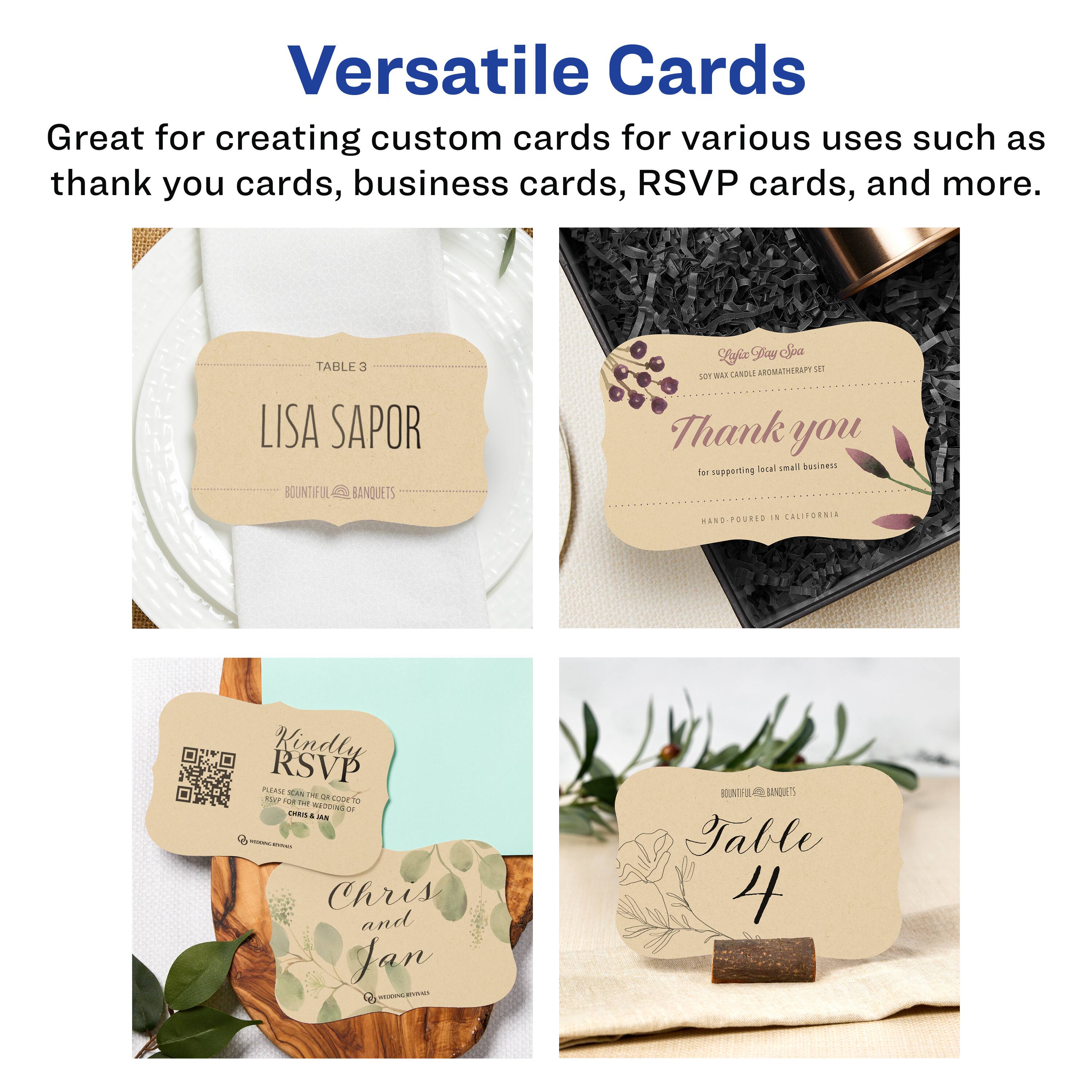 Versatile Cards

Great for creating custom cards for various uses such as thank you cards, business cards, RSVP cards, and more.

- TABLE 3
  LISA SAPOR
  BOUNTIFUL BANQUETS

- Thank you
  for supporting local small business
  HAND-POURED IN CALIFORNIA

- Kindly RSVP
  PLEASE SEND IN THE CODE (OF
  YOUR SELECTION) BY
  [DATE]
  CHRIS & JAN

- Table 4