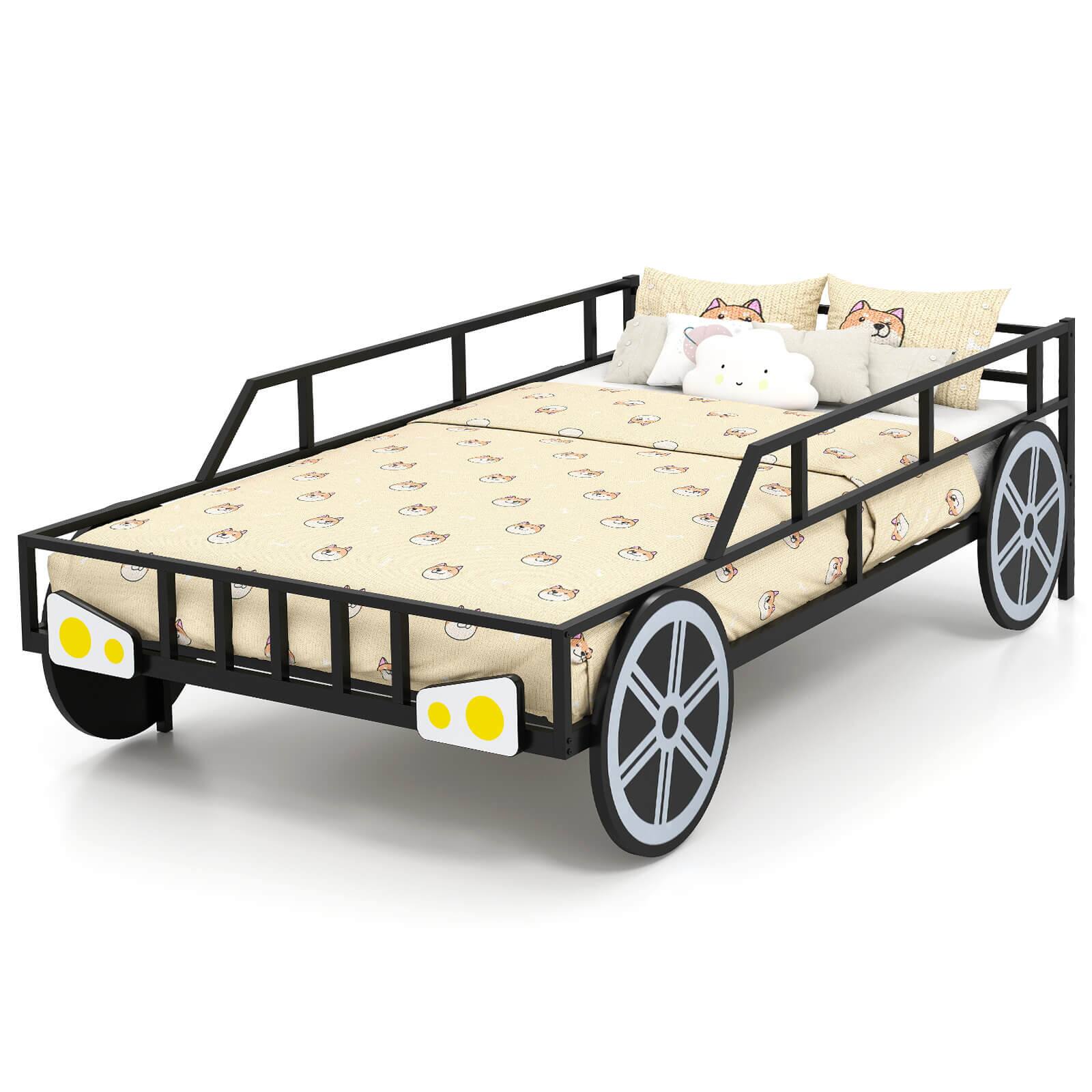 Angle. Costway - Costway Twin Car-Shaped Metal Bed Frame with Wheels Decorations Safety Guardrails - Black.