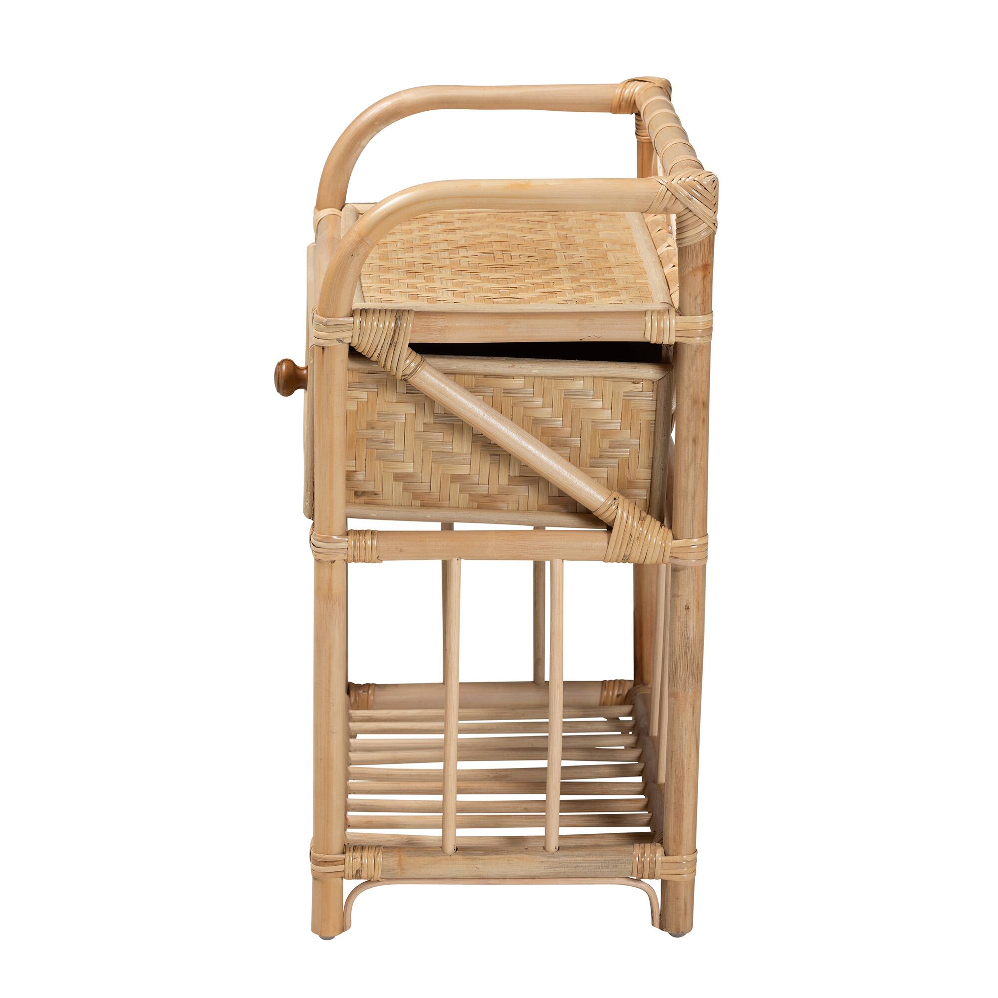 Back. bali & pari - Kobie Modern Bohemian Rattan 1-Drawer Nightstand - Natural Brown.