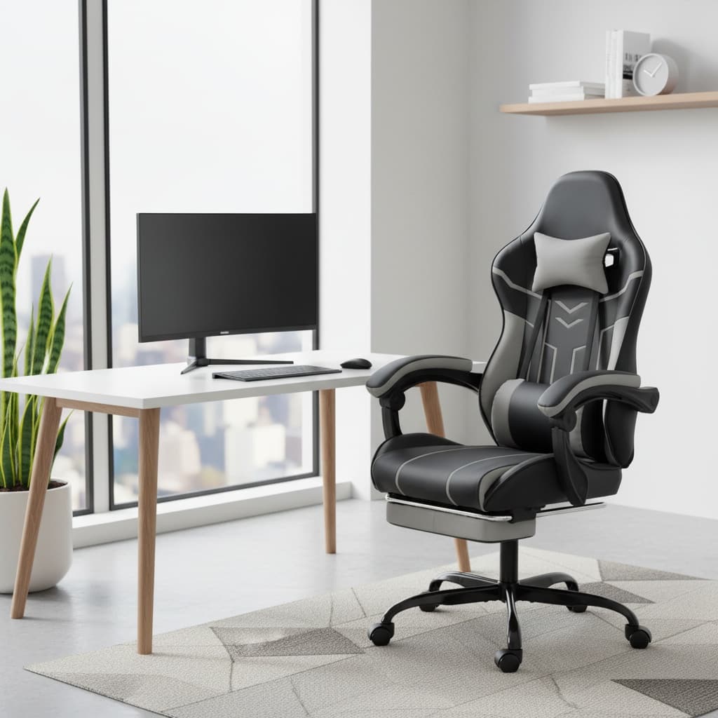 Forest'nSky - Black Gaming Chair with Footrest, Ergonomic Computer Chair with Lumbar Support, High Back Swivel Office Desk Chair - Gray