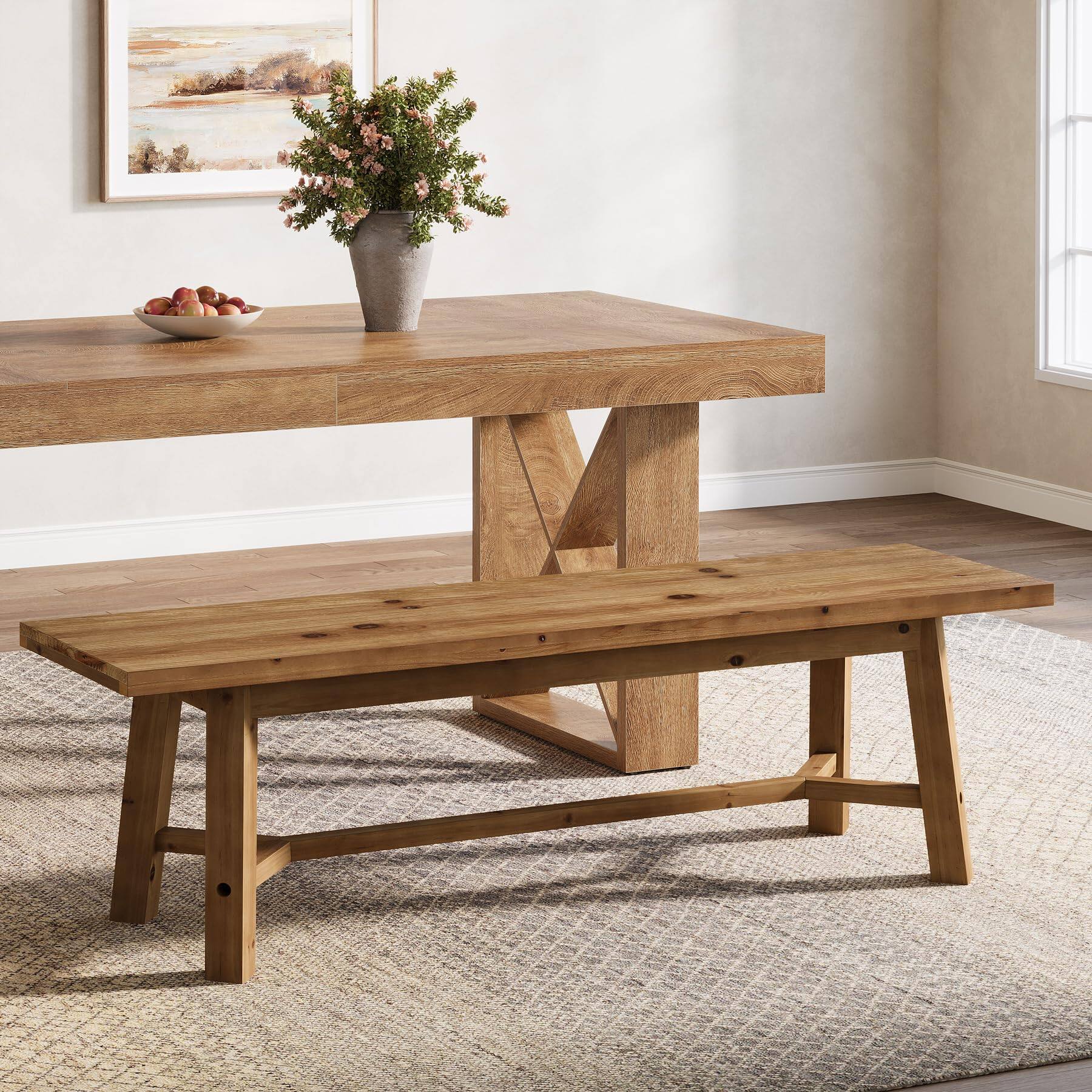 Alt View 1. Tribesigns - 55" Solid Wood Bench, Farmhouse Bench Seat for Entryway - Rustic Brown.