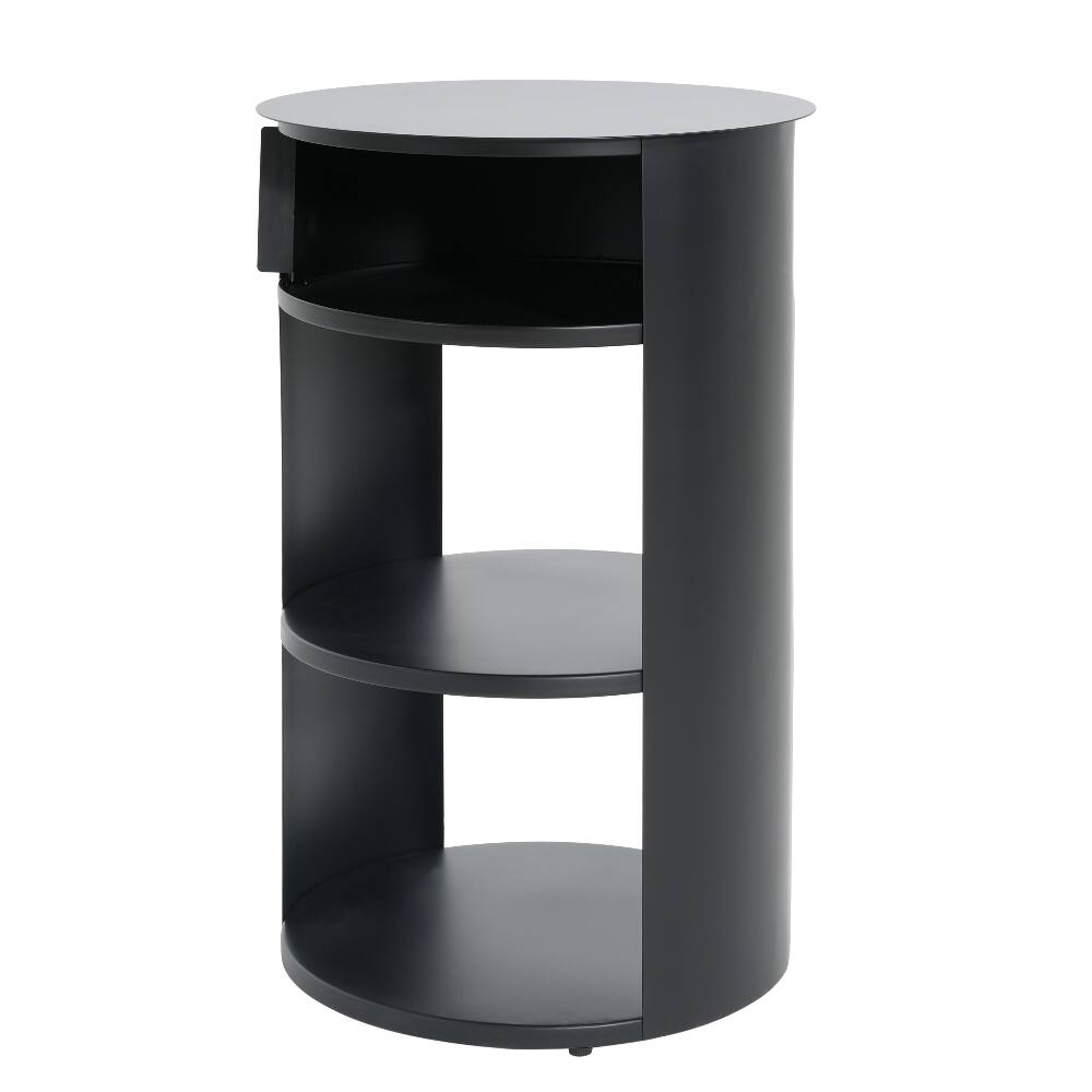 Alt View 8. Loheer - Loheer Round Side Table 3-Tier Metal End Table with Sliding Door Cabinet Matte Black Nightstand for Small Spaces - Black.