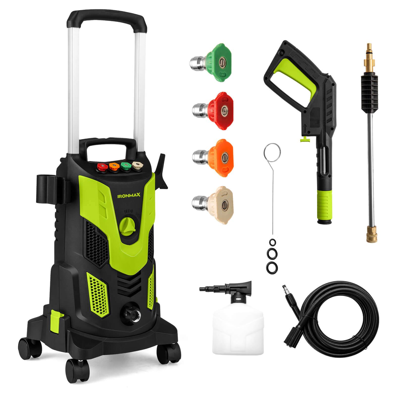 Costway - Electric Pressure Washer with 4 Nozzles & Soap Bottle Lockable Wheels for Cleaning - Green