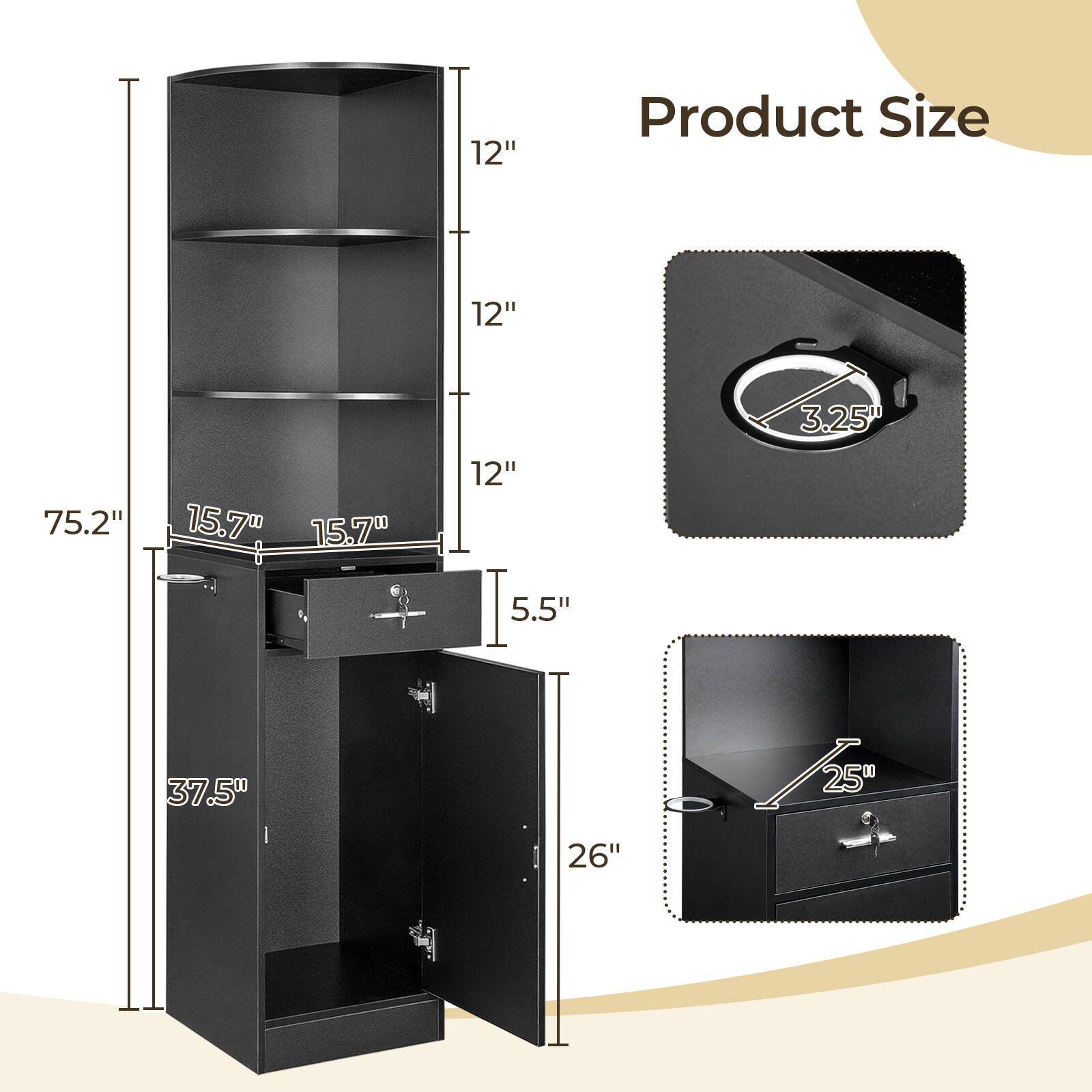 Product Size

- Height: 75.2"
- Width: 37.5"
- Depth: 26"
- Shelf Height: 12"
- Shelf Depth: 15.7"
- Drawer Height: 5.5"
- Drawer Width: 25"
- Drawer Depth: 3.25"
