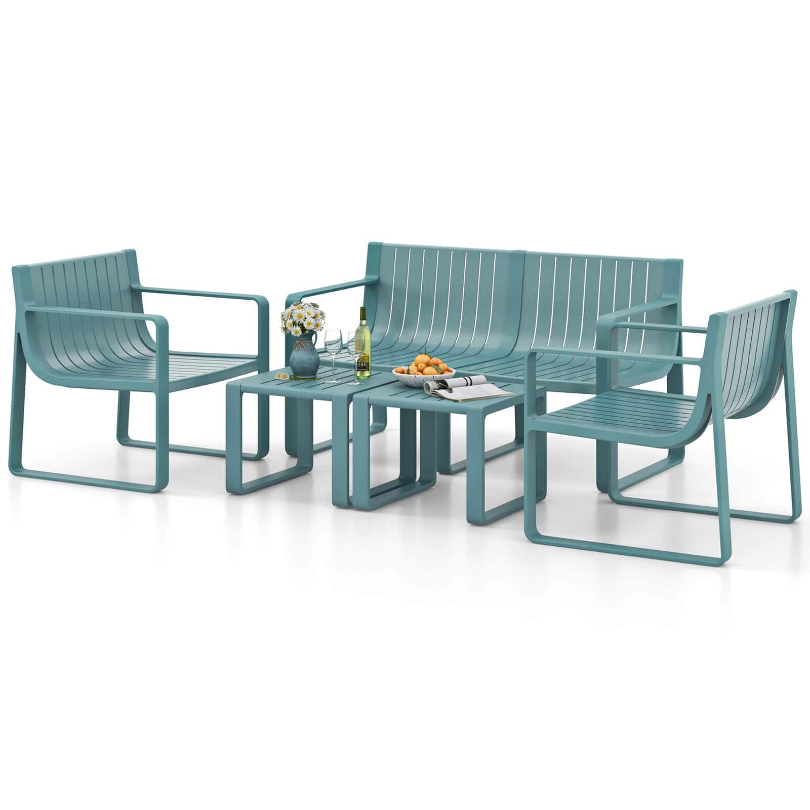 Costway - 5 PCS Patio Furniture Set with 1 Loveseat 2 Patio Chairs & 2 Side Tables - Blue