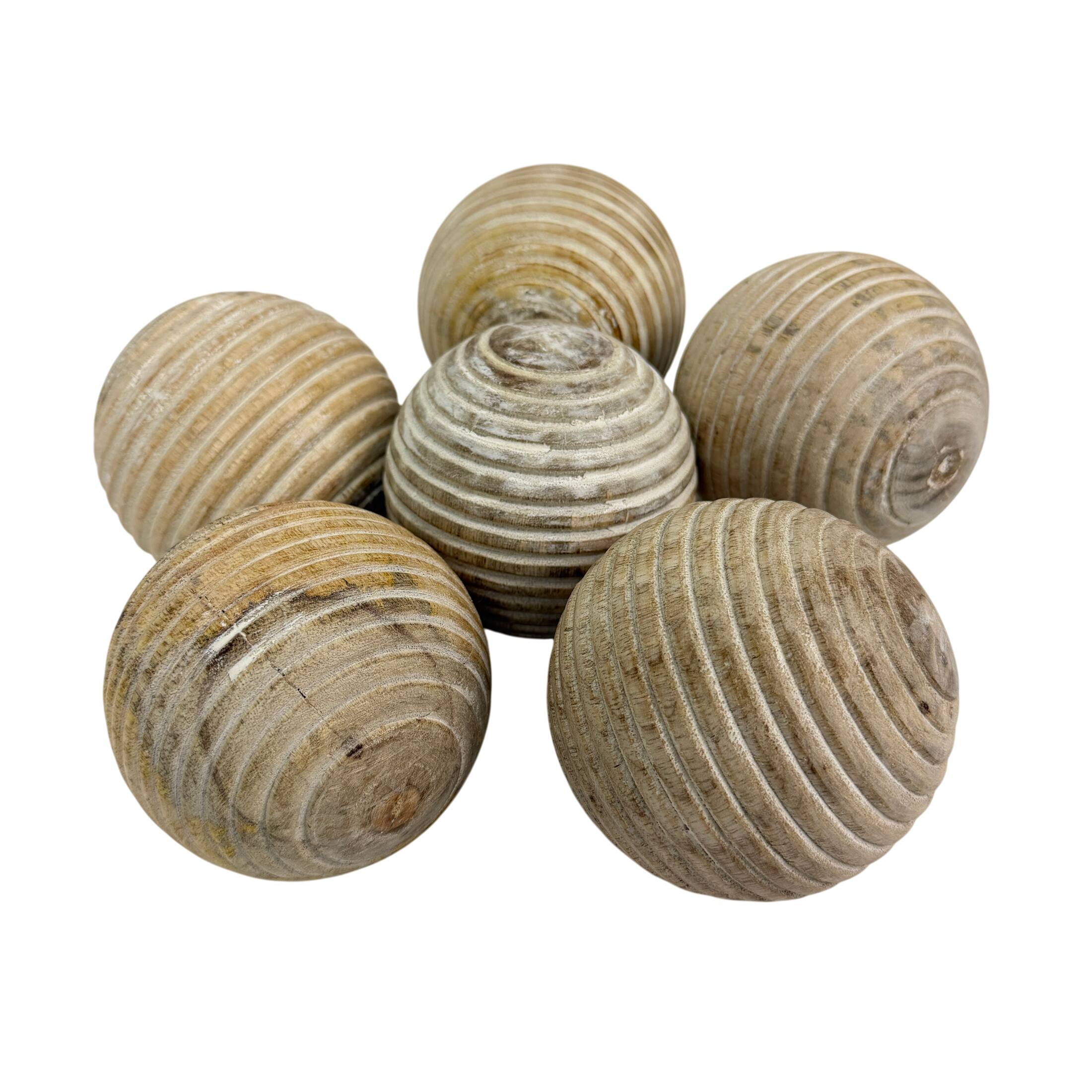 Alt View 1. PD Home & Garden - Set of 6 Ribbed Wooden Decorative Orbs Natural 4 Inch Striped Bowl Fillers - Natural.