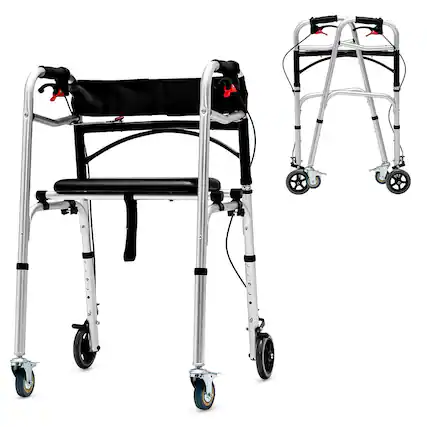 Front. Gymax - Gymax Standard Walker 2-button Folding Walker w/ 5'' Wheels Trigger Release for Seniors - Silver.