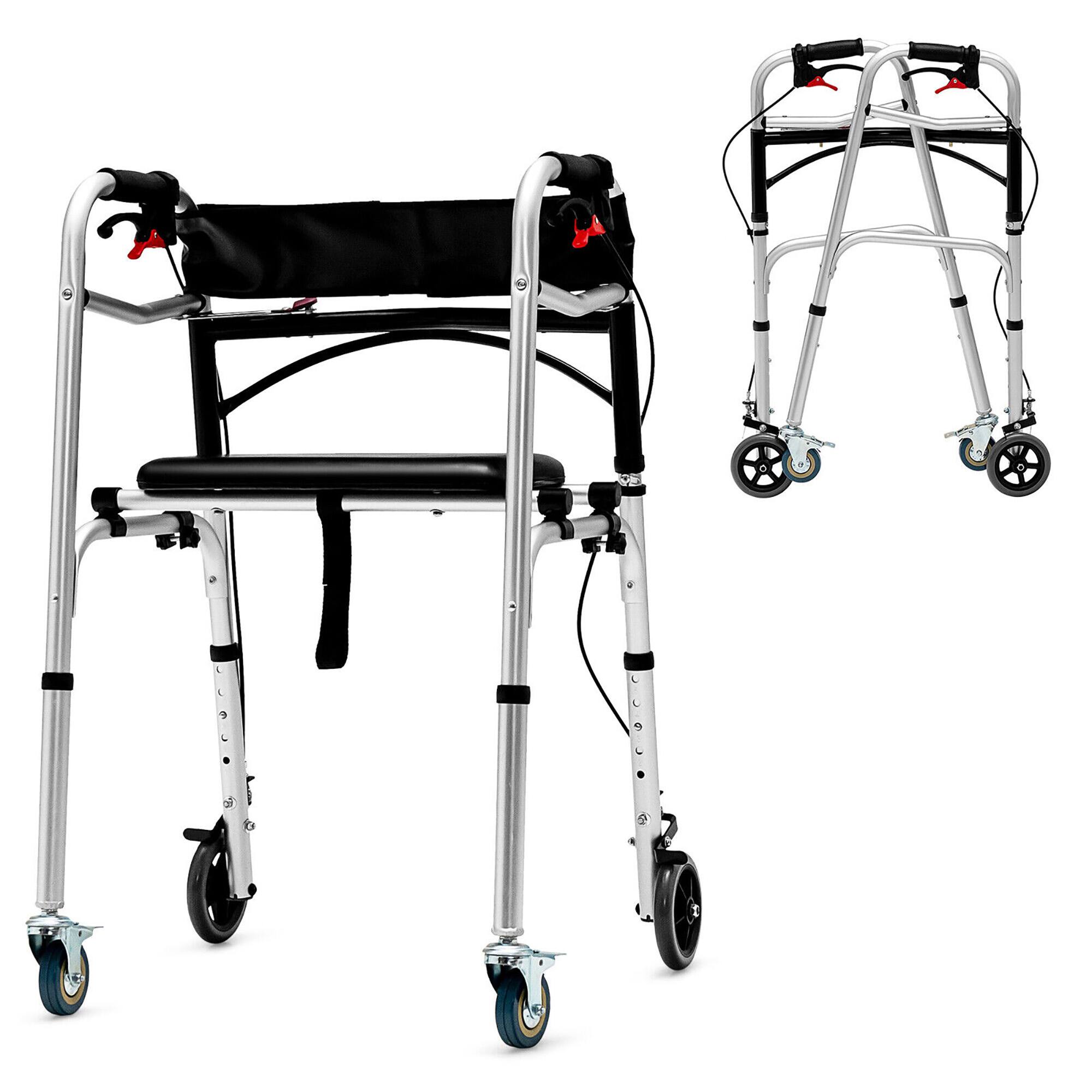 Front. Gymax - Gymax Standard Walker 2-button Folding Walker w/ 5'' Wheels Trigger Release for Seniors - Silver.