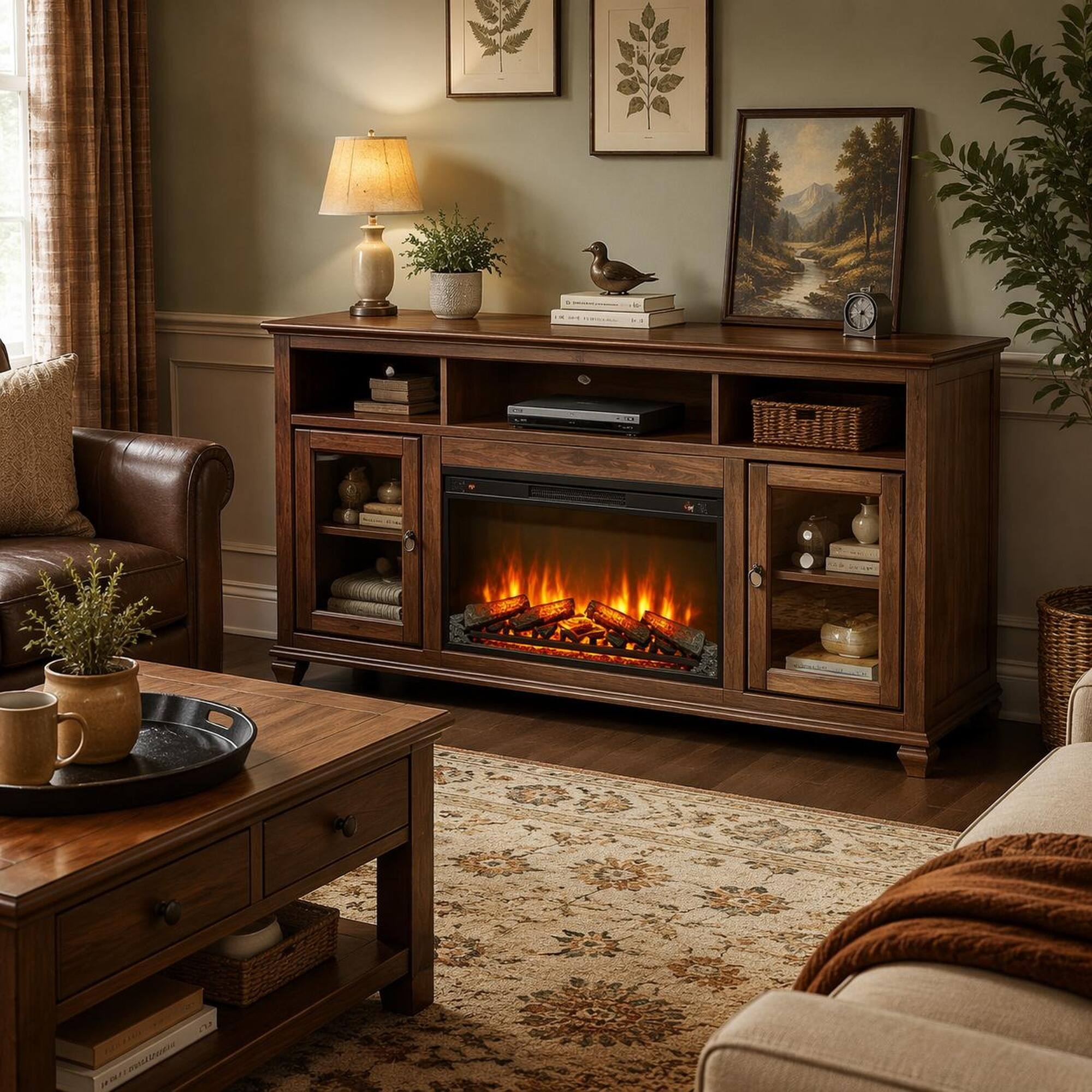 Angle. RYHNUYNE - 36" Electric Fireplace Insert – Ultra Thin Heater with Log Set, Realistic Flame, Remote Control & Timer - Antique Black.