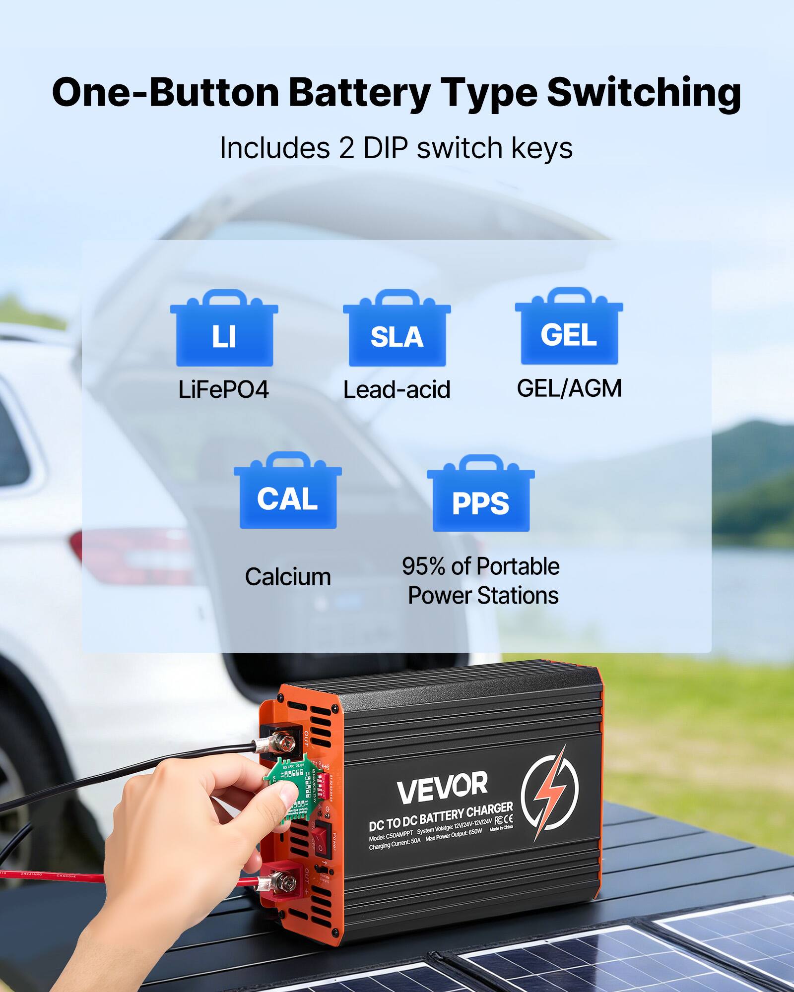 One-Button Battery Type Switching  
Includes 2 DIP switch keys

- LiFePO4
- SLA (Lead-acid)
- GEL (GEL/AGM)
- CAL (Calcium)
- PPS

95% of Portable Power Stations

AUT IT Mark = 85899

VEVOR DC TO DC BATTERY CHARGER CE DC TO DC retra-wa RBC System Valorges Output 650W - Model CSOAMPPT Mar Power Current: SUA Charging