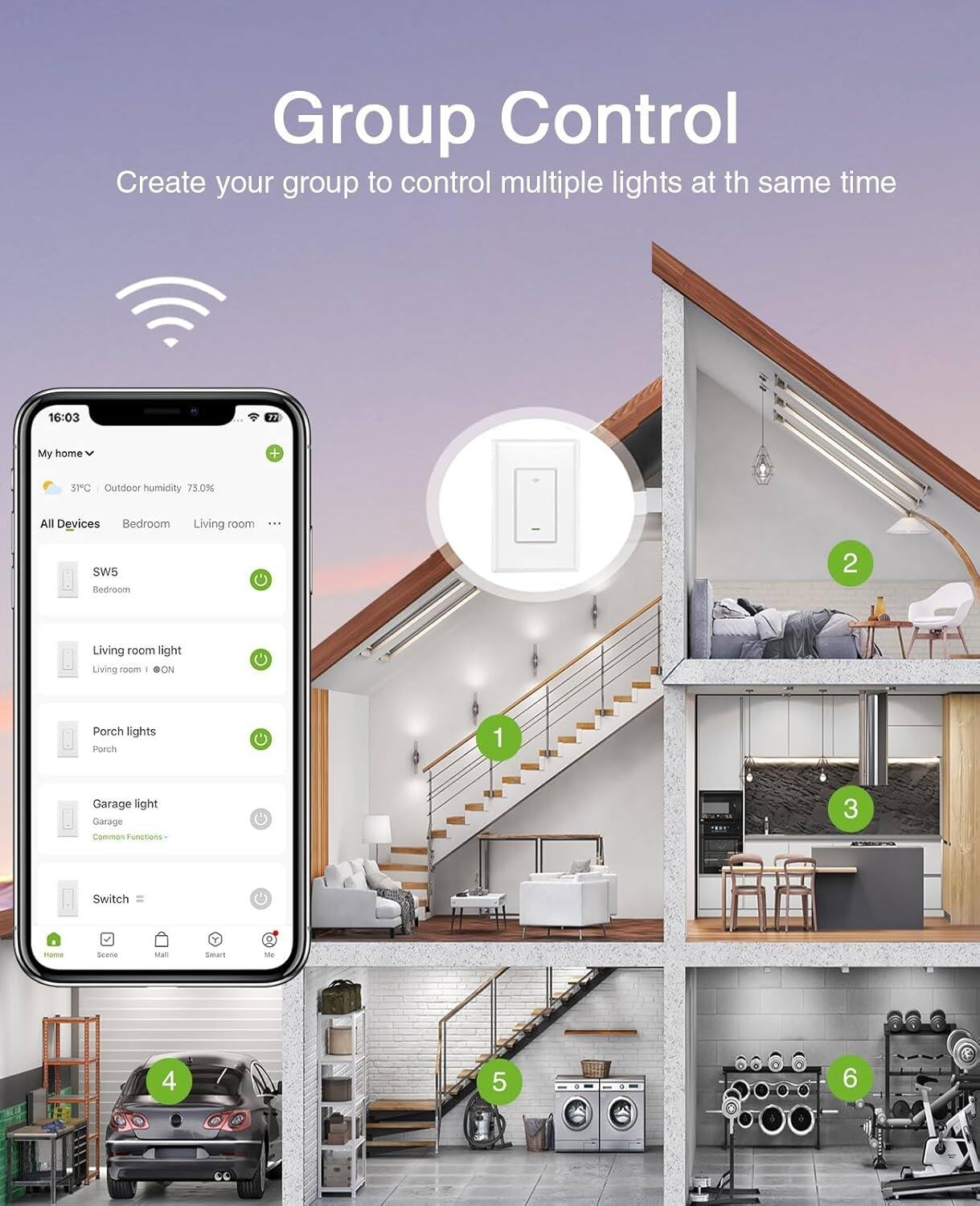Group Control  
Create your group to control multiple lights at the same time

My home  
31°C Outdoor humidity 75.0%

All Devices  
Bedroom  
Living room  
...

SW5  
Bedroom

Living room light  
Living room | ON

Porch lights  
Porch

Garage light  
Garage  
Common Functions

Switch

Home  
Scene  
Mail  
Smart  
More