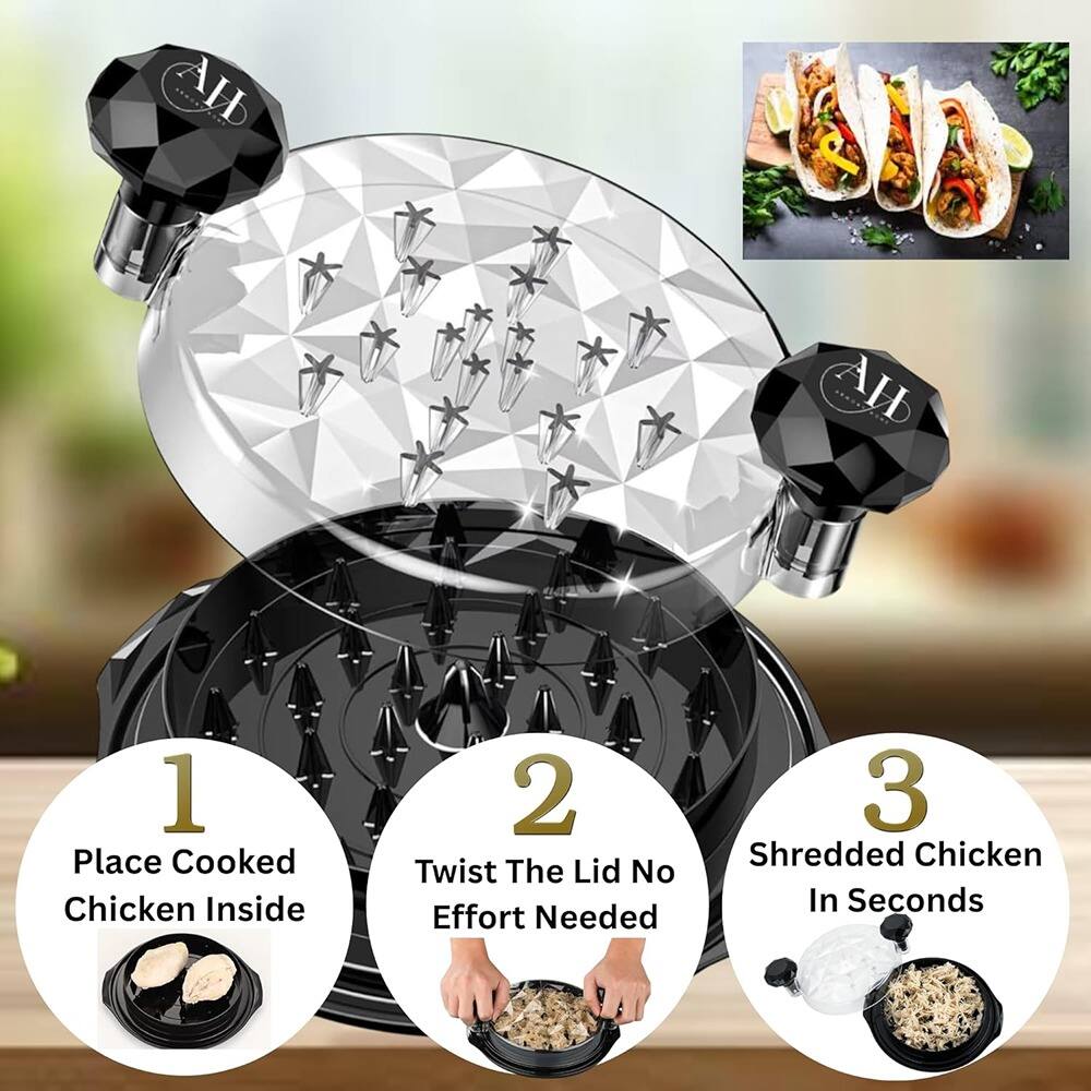 1. Place Cooked Chicken Inside  
2. Twist The Lid No Effort Needed  
3. Shredded Chicken In Seconds