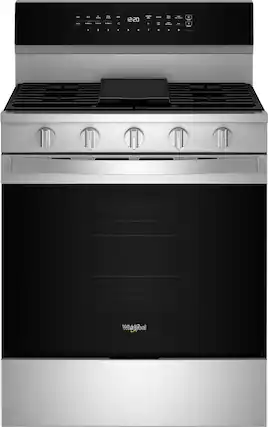 The text on the image reads: "Whirlpool steel oven."