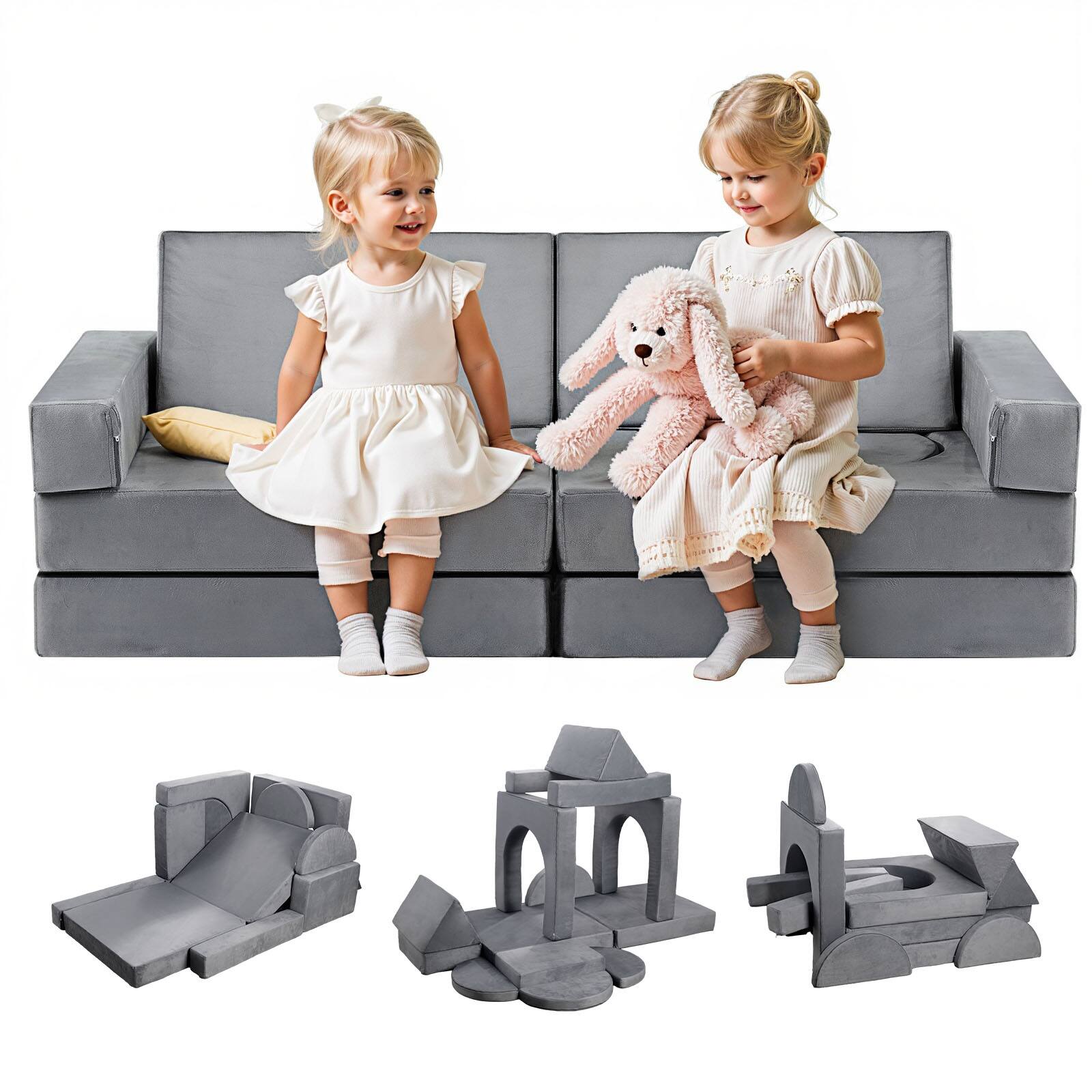 Front. VEVOR - Modular Kids Play Couch, Sectional Toddler Sofa with Armrests, 28D Sponge & Short Pile - Gray.